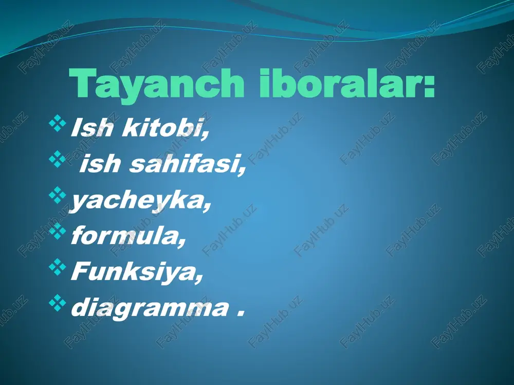 ada tushinarli bo’lishi uchun diagramma ko’rinishda tasvirlashga to’g’ri keladi. diagrammalar satr va ustunlardagi ma’lumotlarni ko’rgazmali ifodalashning grafik ko’rinishidir. microsoft office paket dasturlarida diagrammaning har hil turlarini hosil qilish imkoniyati mavjud. diagramma hosil qilish uchun avvalombor raqamli ma’lumot kerak bo’ladi. misol uchun keyingi oynada keltirilgan ma’lumotlar berilgan bo’lsin. quyida diagrammaning mavjud turlari berilgan f.i.sh. larning ballarini solishtirish diagrammasini hosil qilish uchun: 1. kerakli ma’lumotlar (f.i.sh., ball ustunlari) belgilanadi 2. “vstavka” ilovasi “diagrammi” guruhidan kerakli diagramma turi tanlanadi, masalan gistogramma 36 ven diagrammasi yordamida word matn muharriri va excel elektron jadvali imkoniyatlarining umumiy qismini ko’rsating. keys №1 o'quv predmeti: «ta'limda axborot texnologiyalari». mavzu: «microsoft excel dasturi ». ta'limiy maqsad: microsoft excel dasturi da ishlash borasidagi olgan bilimlarini mustahkamlash, malakalarini rivojlantirish. talabalar ushbu keysni muvaffaqiyatli hal etish uchun matn muharrirlari va ularning vazifalari, microsoft excel dasturi va unda ishlash borasidagi bilimlarga ega bo'lishlari lozim. rejalashtiriladigan o'quv natijalari: - mavzuga oid ma'lumotlarni tahlil etish …