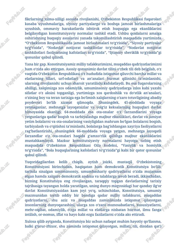 g konstitutsiya va qonunlarda mustahkamlab qo‘yilgan huquq va erkinliklari daxlsiz bo‘lib, ulardan sud qarorisiz mahrum etishga yoki ularni cheklab qo‘yishga hech kim haqli emas. bundan tashqari, fuqarolarning konstitutsiyaviy huquq va erkinliklari alohida muhofazaga olingan bo‘lib, ushbu huquq va erkinliklarga tajovuzlardan qo‘riqlash, bunday holatlarni oldini olish maqsadida o‘zbekiston respublikasi jinoyat kodeksining maxsus qismida alohida vii bob. “fuqarolarning konstitutsiyaviy huquq va erkinliklariga qarshi jinoyatlar”ga bag‘ishlangan. konstitutsiyamizda demokratik huquq va erkinliklar konstitutsiya va qonunlar bilan himoya qilinishi (13-modda), davlat fuqarolarning konstitutsiya va qonunlarda mustahkamlangan huquqlari va erkinliklarini ta’minlashi (43-modda), har bir shaxsga o‘z huquq va erkinliklarini sud orqali himoya qilish, davlat organlari, mansabdor shaxslar, jamoat birlashmalarining g‘ayriqonuniy xatti-harakatlari ustidan sudga shikoyat qilish huquqi kafolatlanishi (44-modda) mustahkamlab qo‘yildi. mazkur normalarni tashkiliy-huquqiy mexanizmlarini yaratish maqsadida o‘zbekiston respublikasi fuqarolik, jinoyat protsessual kodekslari, “sudlar to‘g‘risida”, “fuqarolarning murojaatlari to‘g‘risida”, “fuqarolarning huquqlari va erkinliklarini buzadigan xatti-harakatlar va qarorlar ustidan sudga shikoyat qilish to‘g‘risida”gi qonunlar qabul qilingan. mamlakatimizda inson huquqlari …