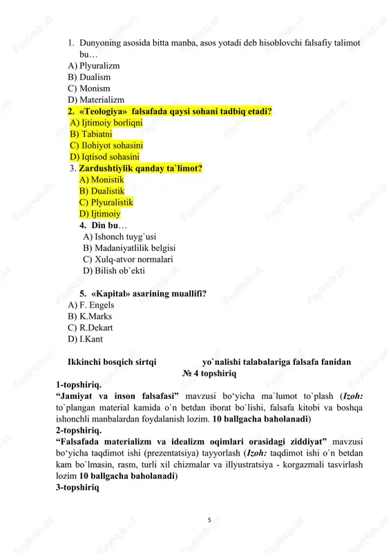 `g`ri javob uchun 1 balldan beriladi. 10 ballgacha baholanadi) 1. «avesto» atamasining lug`aviy ma`nosi bu… a) insoniy fazilatlar b) qat`iy qonun-qoidalar yig`indisi c) axloqiy fazilatlar majmuasi d) tartib-intizom 2. «estetika» atamasini ilk bor qaysi faylauf muomalaga kiritgan ? a) aflotun b) sokrat c) pifagor d) a. baumgarten 3. buddaviylik dinining muqaddas manbasi? a) aveto b) tavrot c) tripitaka d) qur`oni karim 4.demografik muammo bu… a) yer yuzida iqtisodning pasayishi b) yer yuzida turli kasalliklarning avj olishi c) yer yuzida aholi sonini oshishi yoki pasayib ketishi d) yer yuzida ekologik muammolarning yuzaga kelishi 5.«fozil odamlar shahri» asarining muallifi kim? a) alisher navoiy b) abu nasr farobiy c) ahmad al-farg`oniy d) bedil e) ahmad donish ikkinchi bosqich sirtqi yo`nalishi talabalariga falsafa fanidan № 5 topshiriq 1-topshiriq. “global muammolarning paydo bo`lishi” mavzusi bo‘yicha ma`lumot to`plash (izoh: to`plangan material kamida o`n betdan iborat bo`lishi, falsafa kitobi va boshqa ishonchli manbalardan foydalanish lozim. 10 ballgacha …