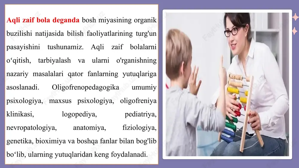 hq qildirish. 4. o‘quvchilarning mustaqil eslab qolish ko‘nikmasini shakllantirish. metod va usullar: - kuzatish va taqqoslash usuli - ko‘rgazmali–amaliy usul - didaktik o‘yinlar (“eslab qol”, “nimani yo‘qotdik?”, “nimani o‘zgartirdim?”) - qisqa hikoyalarni eslab qayta so‘zlash mashqlari - rasm asosida hikoya tuzish - so‘zlar ketma-ketligini yodlash jihozlar: rangli rasmlar, predmetlar, kartochkalar, didaktik o‘yin materiallari, stol, doska, flomasterlar, o‘yinchoqlar va shaklli figuralar. mashg‘ulot bosqichlari: 1. tashkiliy qism (3–5 daqiqa): bolalarni mashg‘ulotga tayyorlash, diqqatini jamlash uchun qisqa o‘yin: “kim tez eslab oladi?” — o‘qituvchi 3 ta predmet ko‘rsatadi, keyin bitta yashiradi, bola qaysi predmet yo‘qligini aytadi. e`tiboringiz uchun raxmat !!! image5.png image6.png image11.svg image7.png image13.svg image8.png image15.svg image1.png image2.svg image2.png image4.svg image3.png image6.svg image4.png image8.svg image9.png image21.svg image10.jpeg image11.png image43.svg image12.png image13.png image14.png image56.svg image15.jpeg image16.png image39.svg /docprops/thumbnail.jpeg