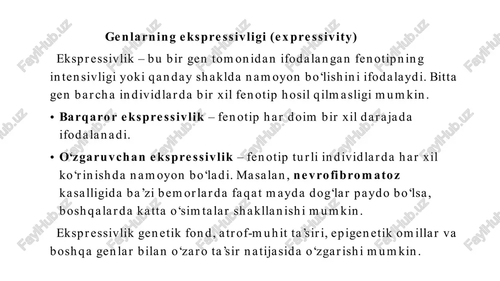 essiyalanuvchi, kam penetrantlikka ega genlar bo‘lganida, yoki epistatik gen bo‘lganida o‘zgarishi mumkinligini unutmaslik kerak. egizaklar usuli. bu usul 1875- yilda f.galton tomonidan taklif etilgan. galton egizaklarni bir tuxumli (monozigot-mz) va ikki tuxumlilarga (dizigot-dz) ajratmagan. keyinroq bu usul boshqa olimlar tomonidan ancha takomillashtirildi. usulning mohiyati quyidagidan iborat: avval mz va dz egizaklar va umumiy populyatsiyadan nazorat guruhlari tuziladi. keyin alohida-alohida mz va dz lar bir- biri bilan solishtiriladi, so‘ngra mzlar dzlar bilan, eng oxirida esa egizaklar nazorat guruhi bilan solishtiriladi. egizaklar usuli yordamida belgining (kasallikning) rivojlanishida irsiyat va muhit ta`sirining nisbatan roli aniqlanadi. ammo belgilarning konkordantligi (o‘xshashligi) va diskordantligini (o‘xshamasligi) tahlil qilishdan avval egizaklarning qanday zigotaligini (monozigotali yoki dizigotaligini) aniqlab olish zarur. ko‘pchilik belgilarning rivojlanishi uchun irsiy axborot mavjudligidan tashqari muhit omillarining ta`siri ham zarurdir. agar h=70% (0,7) dan yuqori bo‘lsa belgining rivojlanishida irsiyatning roli hal qiluvchi bo‘ladi, h ko‘rsatkichi 40% dan 70% gacha bo‘lganda belgining rivojlanishida irsiyat ham muhit ham …