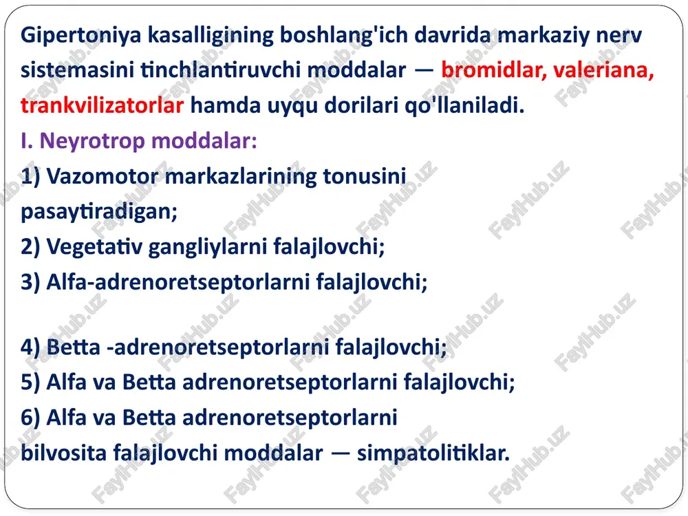 glikozidlari qo'llaniladi (yurakning minutlik hajmini oshiradi). dofamin yurakning zarbali va minutlik hajmini oshiradi, bolalarda uchraydigan shok, kollapsni davolashda keng qo'llaniladi. gipoksiyada, chala tug'ilgan chaqaloqlar tomirlarining, yurak tonusini oshirish xususiyatiga ega. qon tomirlar kollapsini, ayniqsa, anafllaktik shokni davolashda glyukokortikoidlar keng qo'llaniladi. ular adrenoretseptorlarning katexolaminlarga nisbatan sezuvchanligini oshiradi. qon bosimini ko'tarish uchun aylanib turgan qonni, suyuqlik hajmini oshirish lozim, buning uchun plazma o'rinbosarlari, reopoliglyukin, gemodez, jelatinol qo'llaniladi. reopoliglukin — dekstrinning polimeri, qon bosimini ko'taradi hamda shishgan to'qimalardan suyuqlikni ajratish xususiyatiga ega. angioprotektorlar rutin, askorbinat kislota, prodektin (anginin), ditsinon, eskuzan, doksium, trental, dartelin. angiopatiyalarni davolash uchun vitaminli moddalardan rutin, askorbinat kislota qo'llaniladi, moddalar kapillyar devorini mustahkamlaydi, o'tkazuvchanligini kamaytiradi, ta’sir ikkita modda (rutin, askorbinat kislota) birga qo'llanganda sezilarli bo'ladi. ditsinon (etamzilat) tomirlar mikrotsirkulyatsiyasini, o'tkazuvchanligini normallashtiradi hamda gemostatik ta’sir qiladi, asosan tromboplastin hosil bo'lishini oshiradi, qon quyulishining boshqa omillariga ta’sir ko'rsatmaydi. modda kapillyarlardan qon ketishida (diabetik retinopatiya), quloq, burun, tomoq klinikalarida, oftalmologiya, urologiyada, ichakdan, o'pkadan …