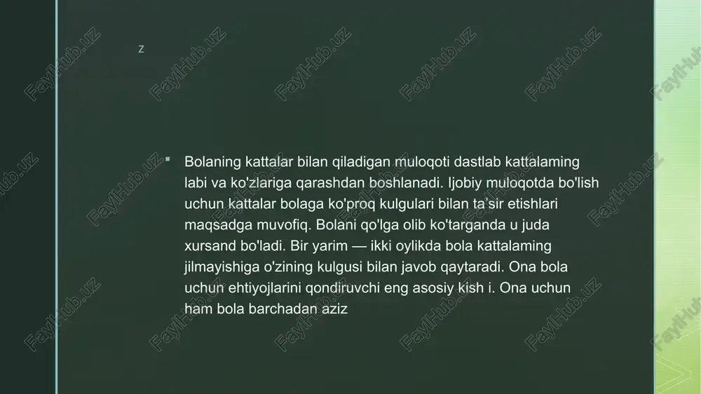 katlariga e’tibor beradi. o'zaro munosabatlar orqali bola boshqa bola bilan muloqotga kirisha boshlaydi. 4 yoshli bolalar ko'proq boshqa bolalar bilan muloqotda bo'lishga harakat qiladilar. bu bosqichda bolalar bir-birlari bilan o'yinchoqlarini almashtiradilar, birbirlariga yordam bera boshlaydilar. hamkorlikda o'ynaladigan o'yinda bolalar bir-birlarini tushunishga, bir-birlariga yordam berishga o'rganadilar. endi bola o'zi o'ynamasdan boshqa bolalar bilan o'ynashga harakat qiladi. o'yin o'ynaganda bolalar ko'pincha boshliq bo'lishga harakat qiladilar. kim o'yinni tashkil qilsa u doimo boshliq bo'lgisi keladi. shunda konflikt (nizolar) kelib chiqadi. katta maktabgacha yoshdagi bolalar endi o'zlari mustaqil harakat qila oladilar. o'zlari yuvinadilar, kiyinadilar. lekin bari bir ular otaonalarining erkalashlariga, diqqat-e’tiborida bo'lishga harakat qiladilar. ota-onalar bola tarbiyasida quyidagi usullardan foydalanadilar: 1. avtoritar uslub — boshqarish qattiqqo'llik asosida olib boriladi. boladagi tashabbus ota-onalar tomonidan taqiqlanadi. har bir hatti -harakati albatta jazolanadi. bu usul orqali tarbiyalangan bolalar qo'rqoq, jur’atsiz bo'lib qoladilar, o'z imkoniyatlarini yuzaga chiqara olmaydilar. chunki ota-ona ularga sharoit yaratib bermaydi. 2. liberal uslub — …