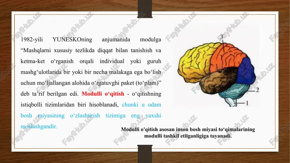 lashtirishga asoslangan ilg‘or pedagogik tizimdir. ushbu texnologiyada o‘quvchi yoki talaba o‘qitish jarayonining markazida turadi, u bilimni tayyor holda emas, balki faol izlanish, tahlil va amaliyot orqali egallaydi. har bir modul maqsad, mazmun, metod va nazorat vositalarining yaxlit majmuasi sifatida o‘quv jarayonini tizimli va mantiqiy tashkil etishga yordam beradi. modulli yondashuv o‘qituvchi va o‘quvchi o‘rtasida samarali hamkorlikni shakllantiradi, o‘quvchilarda mustaqil fikrlash, mas’uliyat, refleksiya va o‘z-o‘zini baholash ko‘nikmalarini rivojlantiradi. image7.png image8.png image9.png image10.png image11.png image12.png image3.png image4.png /docprops/thumbnail.jpeg