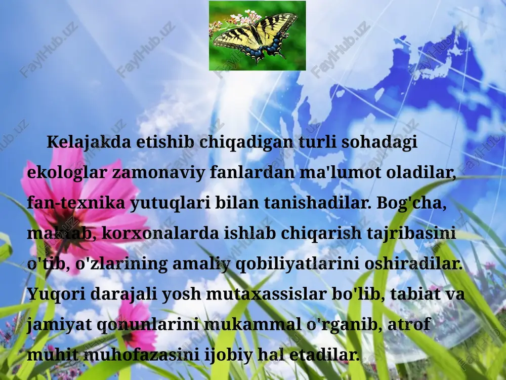 rak; 5 maktablarda «atrofimizdagi olam», «tabiatshunoslik» o'quv kitoblari asosida «atrof muhit», «tabiat», «atrof muhit muhofazasi», «ekologiya», «ekologiya ziddiyatlari» kabi tushunchalar botanika, zoologiya, adabiyot, kimyo, fizika va ayniqsa, «umumiy biologiya» fanlarini o'tishda alohida o'rin olishi kerak; 6maktab o'quvchilarini tabiat, agrotsenozlarga, ekskurssiyalarga olib chiqishda atrof muhit holati, uning muxofazasi alohida o'rin olishi, o'quvchilar shu ekskursiya davomida o'zlari yashayotgan joyning tabiati, uning ekologik holati, unga ta'sir qilayotgan salbiy va ijobiy omillar, tabiat boyliklarini saqlash va boyitish borasida chora-tadbirlar ko'ra bilish bo'yicha bilim, ko'nikmalar va fikrlash qobiliyatiga ega bo'lib, ekskursiyadan qaytishlari kerak; 7 maktab va litsey o'quvchilari «yosh tabiatshunoslar», «yashil patrullar» «jonivorlarni asrovchi jonkuyarlar», «ona-er patrullari», «toza havo», «moviy suv» patrullari, sog'lomlashtirish lanerida tuzilgan «tabiat va fantaziya», «yosh fenologlar», «tabiatni muhofaza qilish» kabi to'garaklarda maxsus tayyorlagan «yosh ekologlar», «tabiatni muxofaza qilish» kabi to'garaklarni maxsus tayyorlagan «yosh ekologlar» o'quv dasturi asosida atrof muhit muammolarini har tomonlama o'rganib borishlari kerak; xxi - asr ekologiya asri bo'lishi …