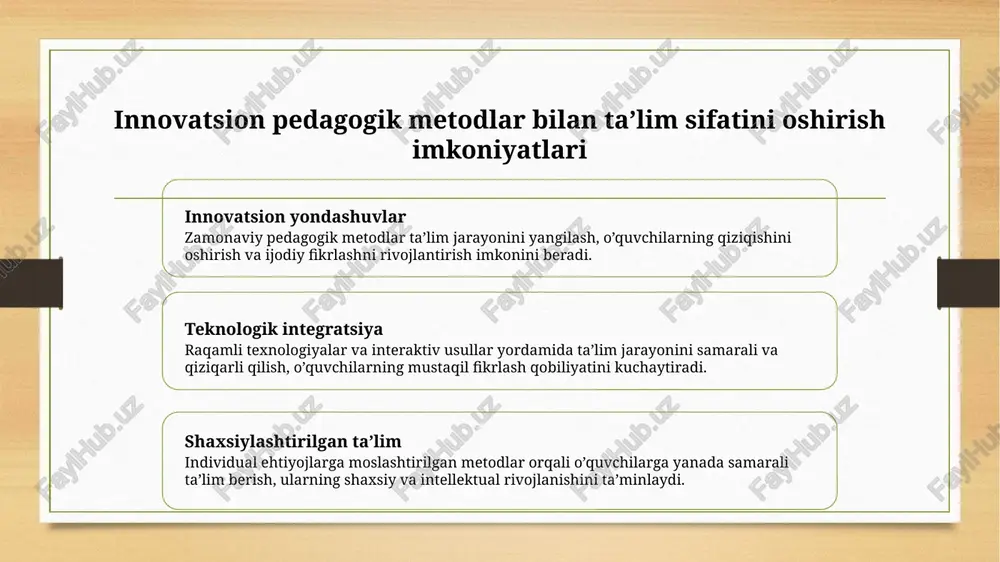 siy qiziqishlarini aniqlash va ularga mos mavzularni tanlash orqali ularning ta’limga bo’lgan qiziqishini va faolligini oshirish mumkin. moslashtirilgan materiallar har bir o’quvchining o’rganish tezligi va uslubiga moslashtirilgan ta’lim materiallari orqali samaradorlik va o’z-o’zini rivojlantirish jarayoni kuchayadi. individual yondashuvlar va texnologiya elektron platformalar va interaktiv vositalar yordamida shaxsiy ehtiyojlarga moslashtirilgan ta’lim strategiyalari yanada qulay va samarali bo’ladi. interfaol metodlar bilan o’quvchilarning kreativ fikrlash va mustaqil o’rganish ko’nikmalarini shakllantirish. yaratıcı fikrlashni rivojlantirish interfaol metodlar yordamida o'quvchilarning muammolarni hal qilish, innovatsion fikrlash va yangi g'oyalarni ishlab chiqishga qiziqishlari oshadi. bu usullar ularga mustaqil fikrlashni shakllantirishda yordam beradi. mustaqil o‘rganish ko‘nikmalari interaktiv metodlar bilan o’quvchilar o’zlarining mustaqil fikrlash, tanlov qilish va o’z bilimlarini amalda qo’llash imkoniyatlariga ega bo’ladilar. bu esa o’quv jarayonining samaradorligini oshiradi. jamoaviy hamkorlik guruh ishlari va muhokamalar orqali o’quvchilar o’z fikrlarini erkin ifoda etadi, muammolarni birgalikda hal qilishni o’rganadi va kreativ fikrlashni rivojlantiradi. xulosa zamonaviy ta’lim texnologiyalarining roli zamonaviy ta’lim texnologiyalari …