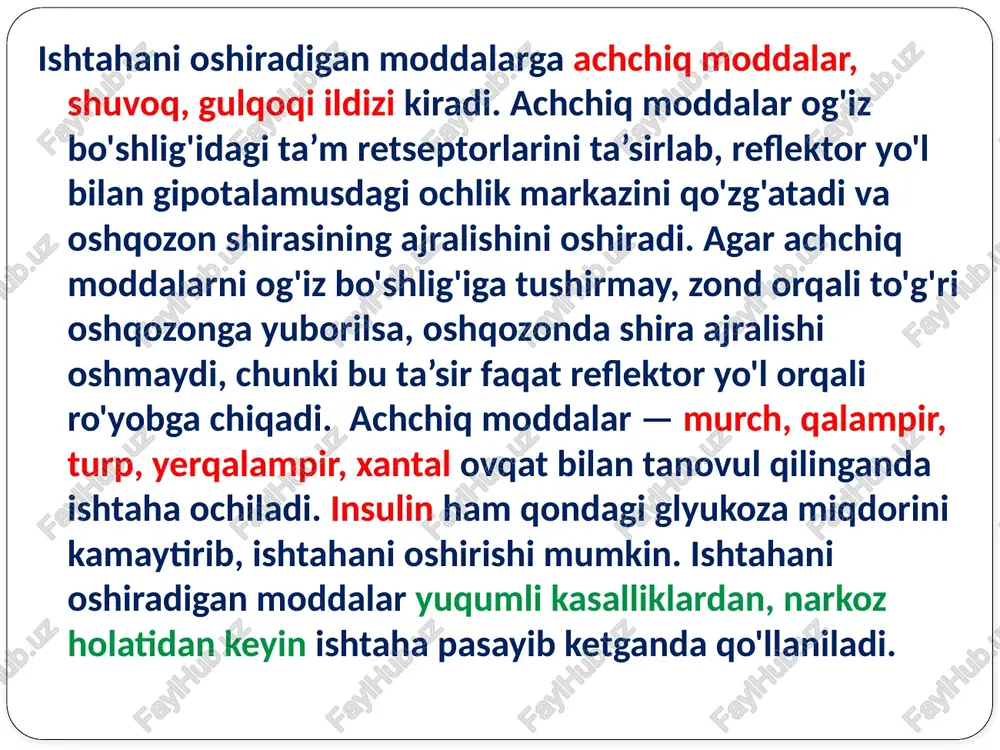 okislotalardan iborat. panzinorm ikkita qobiqli tabletka bo'lib, oshqozonda birinchi — tashqi qobig'idan aminokislotalar, oshqozon shillig'i, ichakda esa kollagen moddalar — safro, pankreatin ajraladi. festal esa oshqozon osti bezidan hamda safrodan tayyorlanadi. keltirilgan moddalar surunkali pankreatit, gastrit, enterokolitlarda o'rinbosar sifatida qo'llanadi. bu dorilar hazmi og'ir ovqatni ko'proq iste’mol qilinganda, qariyalarda ovqat hazmi qiyin bo'lib qolgan hollarda ham qo'llaniladi. 0‘tkir pankreatitlarda oshqozon osti bezi faoliyatini, fermentlar faolligini kamaytirish uchun kontrikal, trasilol moddalari qo'llanadi. odatda oshqozon osti bezidan tripsinogen ajralib, o‘n ikki barmoqli ichakning enterokinaza fermenti tufayli faol tripsinga aylanadi. o'tkir pankreatitda shu jarayon, ya’ni tripsinogenning tripsinga aylanishi oshqozon bezi ostida o'tadi. tripsin esa boshqa fermentlar faoliyatini oshiradi, shu tufayli oshqozon osti bezi jarohatlanib, o ‘z-o‘zini iste’mol qilishi ham mumkin. kontrikal, trasilol proteolitik fermentlami— tripsin, kallikreninni ingibitsiya qiladi. oshqozon-ichak harakatiga ta’sir etuvchi moddalar: qustiruvchi va qusishga qarshi, ichak harakatiga ta’sir etuvchi moddalardan iborat. qustiruvchi moddalar ta’sir mexanizmiga ko'ra 2 turga bo'linadi: 1. qusish …