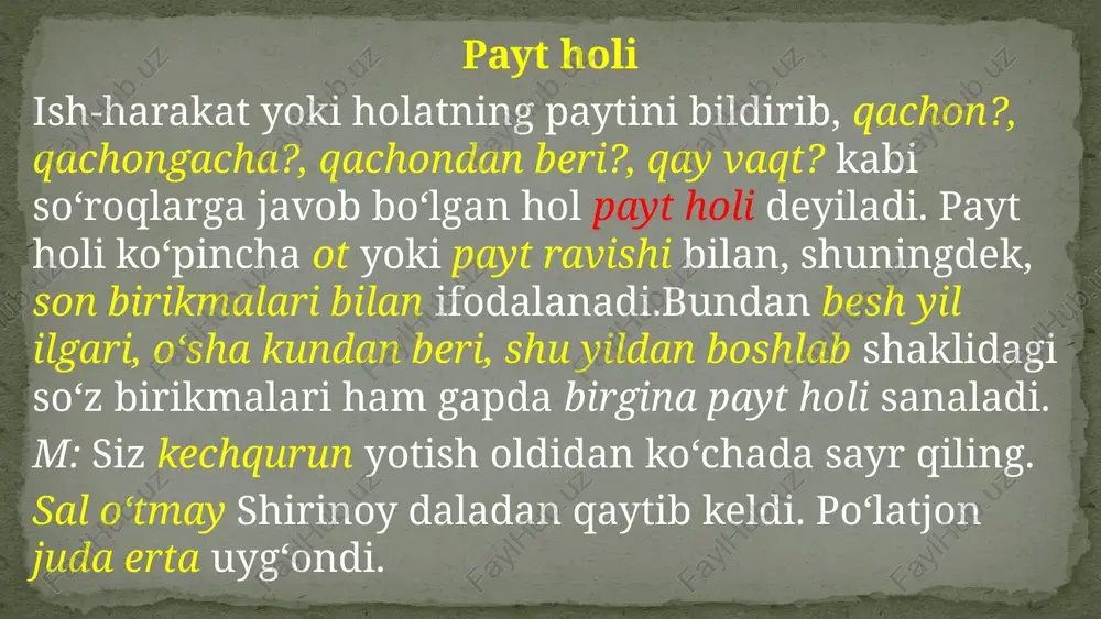 och to‘rt-besh kishilik talay supalarga soya solib turadi. 3. olmosh bilan: qirlardan esayotgan mayin shabada ana shu ajoyib gullarning g‘unchalarini yozmoqda. 4. ot bilan: kumush qishdan, zumrad bahordan, qolishmaydi kuzning ziynati. 5. ravish bilan: uzoq-yaqin yerlardan odamlar yig‘ila boshladi. 6. sifatdosh bilan: mayin esgan shabada ko‘nglimizni chog‘ qildi. 7. modal so‘z bilan: zarur ishlarimizni bitirdik. 8. taqlid so‘zlar bilan: zavodning mashina bo‘limidan gurs-gurs zarb uzluksiz eshitilib turadi. 9. ibora bilan: unda og‘zining tanobi qochadigan odati bor. eslatma: sifatlovchi-aniqlovchilar ba’zan o‘ziga qarashli so‘zlar bilan birikmali holda qo‘llanadi. aniqlovchi vazifasida kelgan sifatdoshlar birikmali qo‘llanib, sifatdosh qurilmani hosil qiladi. m: jamilovning egnida oq shohi kitel, sariq kavertok shim, oyog‘ida kavkazcha etik, boshida chust duppi edi. yuzida bilinar-bilinmas chechak o‘rni qolgan(sifatdosh qurilma), keng peshonali, sochlarini o‘ng tomonga silliq taragan (sifatdosh qurilma) jurnalist shoirga bir qarab qo‘ydi. b. qaratqich-aniqlovchi – gapning biror shaxs yoki narsa-buyumga qarashliligini, xosligini bildirgan bo‘lagi qaratqich aniqlovchi deyiladi. aniqlovchining bu turi …