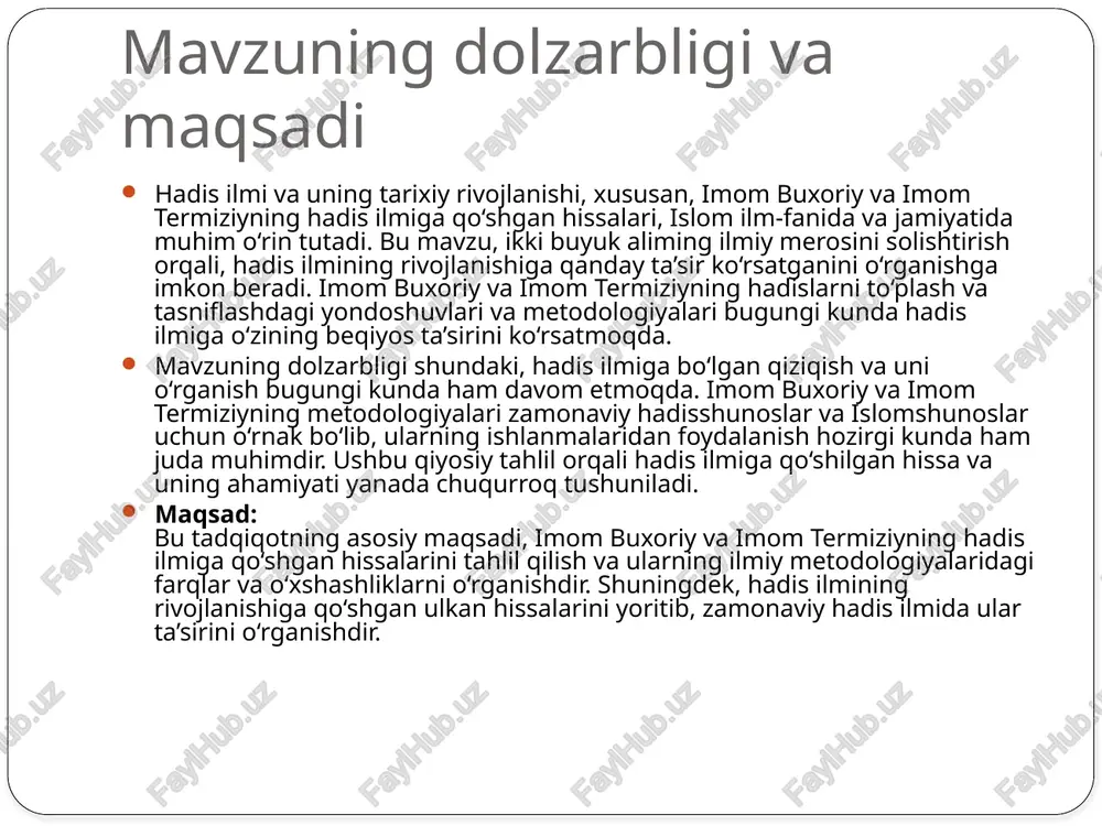 tta hissa qo‘shgan ulug‘ olimlardir. ularning hadislarni tasniflashdagi yondoshuvlari o‘xshash va farqlidir. buxoriy hadislarni faqat sahih bo‘lganlarni yig‘ishga qat’iy e’tibor qaratgan. uning "sahih al-buxoriy" asarida faqat ishonchli raviylar tomonidan rivoyat qilingan hadislar jamlangan. har bir hadisning sanad (raviylar zanjiri) va matnini chuqur tahlil qilib, faqat haqiqiy va ishonchli rivoyatlarni to‘plagan. imom termiziy esa, hadislarni tasniflashda kengroq yondashgan. u hadislarni sahih, hasan va da’if (zaif) deb tasniflashda ishonchli mezonlardan foydalangan. termiziyning "sunan at-termiziy" asari, hadislarni faqat sahihlik jihatidan emas, balki ularning mazmuni va ilmiy ahamiyati nuqtai nazaridan ham tasniflagan. buxoriydan farqli o‘laroq, termiziy zaif hadislarni ham kiritgan, lekin ularni aniq va to‘g‘ri kontekstdan tushuntirib bergan. o‘xshashliklar: har ikki olim hadislarning raviylarining ishonchliligini va sanad uzviyligini tekshirgan. hadislarni tasniflashda har ikkalasi ham ilmiy metodlarni qo‘llagan, ularning asosiy maqsadi hadislarning to‘g‘riligini ta’minlash edi. farqlar: buxoriy faqat sahih hadislarni kiritgan, termiziy esa sahih, hasan, va da’if kategoriyalarini qo‘llagan. buxoriyning yondoshuvi qat’iyroq bo‘lsa, termiziy kengroq …