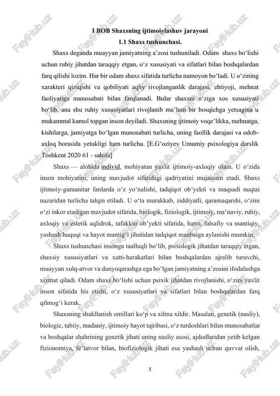 imoiy mavjudot sifatida shaxs nomini olish uchun unga ijtimoiy- iqtisodiy hayot va tarbiya kerak. shu sababli pedagogika fani bolaning shaxs sifatida rivojlanishi, uning har tomonlama kamolga etish qonuniyatlarini, unga ta’sir etuvchi ob’ektiv va sub’ektiv omillarni, rivojlanish jarayoniga aloqador davrlarini aniqlash kerak. shunga asosan pedagogika fani shaxsning rivojlanishda va ta’lim, o‘qitish, tarbiya hamda bola faolligi, o‘z-o‘zini tarbiyalash bosqichlarini aniqlash lozim. o‘zbekiston respublikasi oliy majlisning i chaqiriq i sessiyasida qilgan ma’ruzasida hur o‘zbekistonda demokratik tuzumni barpo etishda amalga oshirilayotgan ulkan o‘zgarishlarni asosiy ishtirokchilari bo‘lgan jamiyatimiz a’zolarining ma’naviyatini butunlay yangicha qaror toptirish lozimligini ta’kidlagan edi. chunki ta’lim tarbiya - ong mahsuli, lekin ayni vaqtda ong darajasi va uning rivojini xam belgilaydigan omildir. binobarin, ta’lim-tarbiya tizimini o‘zgartirmasdan turib ongni o‘zgartirib bo‘lmaydi. ongni, tafakkuri o‘zgartirmasdan turib esa biz ko‘zlagan oliy maqsad ozod va obod jamiyatni barpo etib bo‘lmaydi. shaxs tarbiyaning ob’ekti va sub’ekti hisoblanadi. shaxsning kamol topishida ijtimoiy va biologik omillarning ta’sir kuchi bir xil …