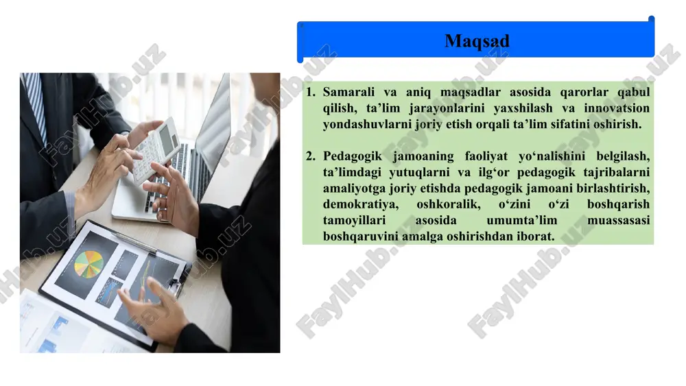 ish tizimini joriy etish; ota-onalar, o'qituvchilar va boshqa manfaatdor tomonlar bilan muntazam ravishda muloqot o‘rnatish va fikr almashish. t/r muammo muammoning yechimini amalga oshirish mexanizmi mas’ullar muddati natija 1. pedagogik kengash oldida rahbar xodimlar hisobdorligini oshirish. maktab rejasida belgilangan vazifalar ijrosi bo‘yicha har chorakda rahbar xodimlar hisobotlar berish. maktab direktor va direktori o‘rinbosarlari. o‘quv yili davomida, doimiy. rahbar xodimlar mas’uliyati va javobgarlik hissi oshadi. 2. pedagogik kengash faoliyatining shaffofligini ta’minlash. kengash faoliyatiga oid hujjatlarni ochiq yetkazish, ommaviy axborot vositalarida muntazam yoritib borish. maktab direktori, direktor o’rinbosarlari, pedagogik kengash kotibi. o‘quv yili davomida. pedagogik kengash faoliyatiga jamoatchilik nazorati kuchayadi, shaffoflik ta’minlanadi. 3. pedagogik kengash qarorlari ijrosini ta’minlashni, tizimli nazorat va monitoring qilish. mas’ul xodimlarning qarorlar ijrosini ta’minlash bo‘yicha reytingini yuritish va natijalariga qarab rag‘batlantirish. pedagogik kengash a’zolari, ta’lim muassasasi rahbari, o’qituvchilar. o‘quv yili davomida. belgilangan ustuvor vazifalar o‘z muddatida sifatli bajariladi. chora-tadbirlar rejasi e’tiboringiz uchun rahmat! image1.png image2.png image3.png image4.png image5.png …