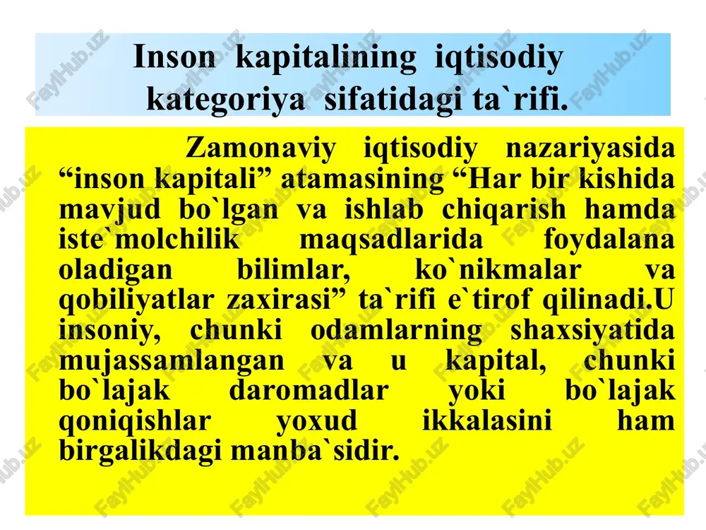 hnat kapitali ) ( milliy intelektual kapital ) ( madaniy – ma'naviy kapital ) ( siyosiy kapitali ) ( jamiyatning ijtimoiy kapitali ) ( salomatlik kapitali ) ( milliy inson kapitali ) ( individual inson kapitali ) ( yakka inson kapitalining tan olingan aktivlari ) ( millatning madaniyati va mintaliteti kapitali ) ( mamlakatning jamlangan mehnat salohiyati kapitali ) ( firmaning ijtimoy kapitali ) jamlangan inson kapitali individual inson kapitali firmaning inson kapitali milliy inson kapitali salomatlik kapitali yakka inson kapitalining tan olingan aktivlari jamiyatning ijtimoiy kapitali madaniy – ma'naviy kapital nomoddiy firma aktivlari siyosiy kapitali me hnat kapitali tashkiliy kapital milliy intelektual kapital intellektual kapital tarkibiy kapital millatning madaniyati va mintaliteti kapitali tadbirkorlik kapitali brend kapital mijoz kapitali mamlakatning jamlangan mehnat salohiyati kapitali firmaning ijtimoy kapitali