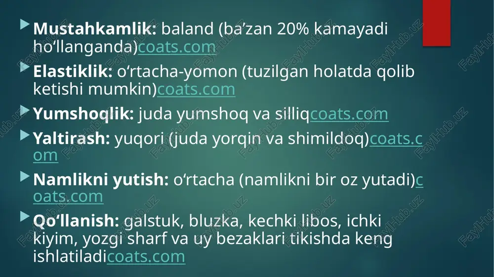 ri yuzasida mayda bo‘lakchalar paydo bo‘lishi mumkin. mustahkamlik: o‘rtacha (juda egiluvchan boʻlgan boʻlsa-da)coats.com elastiklik: yaxshi (cho‘zilganda tez tiklanadi)coats.com yumshoqlik: yumshoq va junga o‘xshash yaltirash: past (asosan mat koʻrinishda) namlikni yutish: kam (akril ham asosiy sintetik tolaga kiradi) qo‘llanish: arzon va qulay bo‘lgani uchun sovuq fasl kiyimlari (sviter, sharf), gilamcha va qulay uy mebellari tikishda foydalaniladicoats.com viskoz ipi (rayon) viskoz – qayta ishlangan sellyulozadan olingan tola bo‘lib, u ham tabiiy, ham sintetik xossalarni qisman o‘zida mujassamlashtiradi. viskoz ipi yumshoq, silliq va yaltirash xossasiga egacoats.com, teriga juda yoqimli seziladi. u yuqori darajada namlikni yutadi va ranglarni yaxshilab qabul qiladicoats.com. ammo namlik bilan ko‘proq ta’sirlanganda mustahkamligi pasayadi (qisqarib, ip sinishi mumkin)coats.com va elastikligi ham pastroq. viskoz ipi engil va sovuq tuyg‘u beruvchi kiyimlar uchun ideal: yozgi bluzka, ko‘ylak, zarif ichki kiyimlar, shuningdek sharflar va oddiy pardozlarni tikishda keng qo‘llanadicoats.comcoats.com. shu bilan birga, viskoz ipida chidamlilik kamroq bo‘lib, u tezroq singib va eskirib ketishi …
