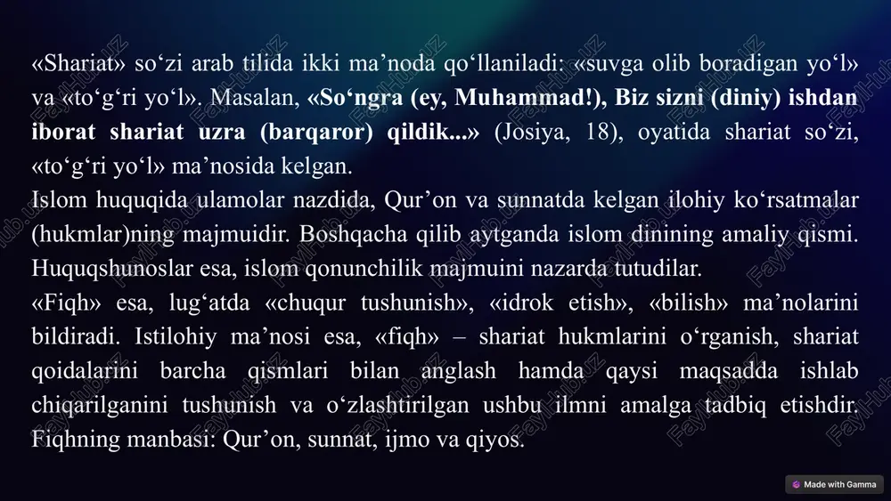 r sababli uning ko‘p musulmon xalqlari tomonidan qabul qilinishiga sabab bo‘lgan. uning keng miqyosda tarqalganiga sabablardan biri barcha mintaqalarda yashayotgan musulmonlarga chiqarilgan hukmlari oson amal qilishiga imkon bergan. o‘zbekiston hududida hanafiylik mazhabi keng tarqalgan va shu mintaqa aholisi mazkur mazhabga amal qilib kelmoqda. shariat kategoriyalari farz alloh taolo buyurgan amal. uni qilgan kishi savob topadi. uzrsiz bajarmagan kishi gunohkor bo'ladi. masalan: 5 vaqt namoz o'qish, ramazonda ro'za tutish. vojib bajarilishi shart bo'lgan amal. uni bajargan kishi savob oladi, bajarmagan gunohkor bo'ladi. masalan: vitr namozini o'qish, hayit namozlarini o'qish. sunnat payg'ambarimiz muhammad alayhissalomning qilgan amallari. qilmagan kishi gunohkor bo'lmasa-da, qiyomat kuni malomatga qoladi. harom islom dinida qat'iy ta'qiqlangan amal. uni qilgan kishi qattiq gunohga botadi. masalan: nohaq odam o'ldirish, o'g'rilik, yolg'onchilik. islomda shariat kategoriyalari 8 qismga bo'linadi: farz, vojib, sunnat, mustahab, muboh, harom, makruh va mustakrah. ushbu sakkiz qism amalning ba'zilarini bajarish shart, ba'zilarini bajarmaslik shart. yana ayrimlarini qilish-qilmaslik ixtiyoriy. 12 …
