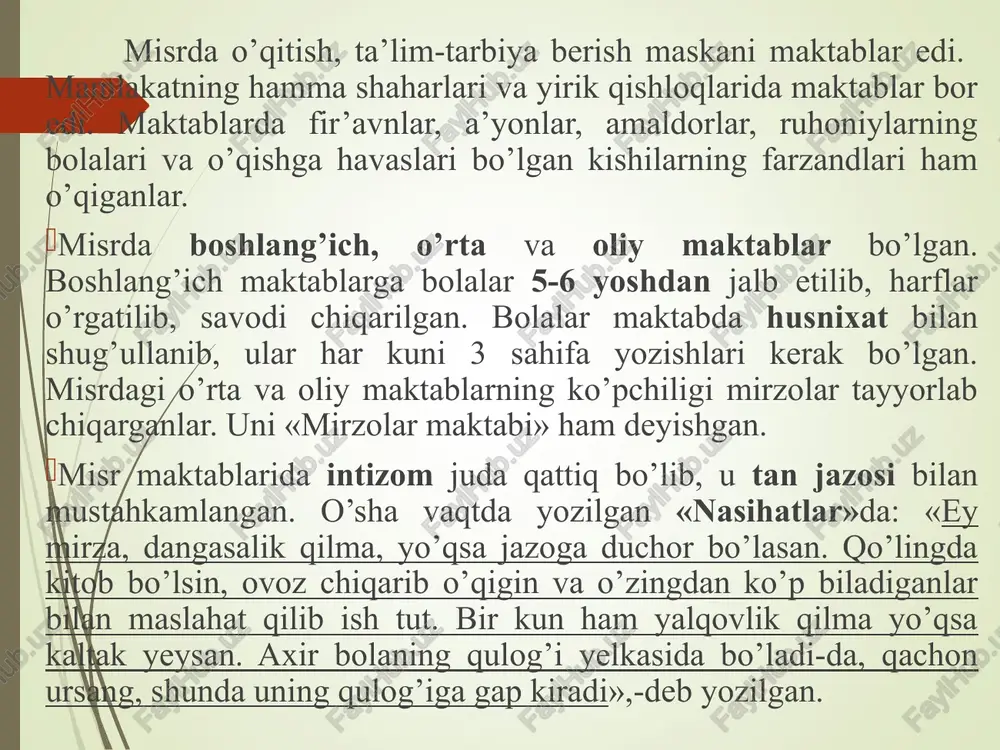 kricha tarbiyadan kutilgan maqsad, buyumlar tabiatini o’rganish bo’lmay, balki kishining bilim olishi, axloqni kamol toptirishi bo’lmog’i lozim edi. suqrot faylasuf bo’lishi bilan birga ajoyib notiq ham edi. u keng maydonlarda so’zga chiqib, axloqqa doir masalalar yuzasidan suhbatlar o’tkazar, tinglovchilarni savol-javob yo’li bilan haqiqatni topishlariga undar edi. u tarbiyada axloqiy, estetik, jismoniy tarbiya mezonini ishlab chiqdi. lekin suqrotning axloqiy qarashlarida tengsizlikni yaqqol sezish mumkin. uning fikricha axloq faqat imtiyozli «mumtoz» largagina xos, «mumtoz» kishilar haqiqiy axloqning yagona egalari bo’lganliklari uchun hokimiyat ham ularning qo’llarida bo’lmog’i kerak deydi. platon er.av. (424-347) yillarda yashagan. uning fikricha ideal aristokratik davlat 3 xil ijtimoiy guruhlardan iborat bo’lishi, ya’ni faylasuflar, jangchilar, hunarmandlar va dehqonlar guruhidan iborat bo’lishi lozim. tarbiya - deydi platon davlat tomonidan tashkil etilmog’i, hukmron guruxlarning manfaatlarini ko’zlamog’i lozim. platonning fikricha bolalar 3 yoshdan boshlab 6 yoshgacha davlat tomonidan tayinlab qo’yilgan tarbiyachilar raxbarligida tarbiyalanishini tavsiya etadi. 7 yoshdan 12 yoshacha esa davlat maktablarida taxsil …