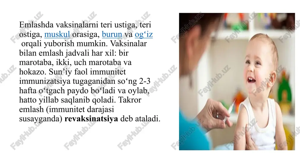 a qarshi rejali ravishda va epidemiologik holatlarga qarab bolalar va xavfli guruhga kiruvchi katta kishilar davlat tomonidan bepul emlanadi. oʻtkazilgan chora-tadbirlar tufayli oʻzbekiston hududida shol kasalligi oxirgi yillarda qayd etilmayapti, shuningdek, boʻgʻma, qizamiq, tepki, gepatit v kasalliklari bolalar orasida keskin kamaydi. yosh emlash nomi 1 sutka vgv-1 2-5 kun bsj-1 2 oy penta-1 (akds-1, vgb-2, xib-1) opv-1 rota-1 (oral rotavirusga qarshi) pnevmo-2 3 oy penta-2 (akds-2, vgb-3, xib-2) opv-2 rota-2 (oral rotavirusga qarshi) pnevmo-2 4 oy penta-3 (akds-3, vgb-4, xib-3) opv-3 ipv-1 rota-3 (oral rotavirusga qarshi) 9 oy ipv-2 12 oy kpk-1 pnevmo-3 16 oy akds-4 opv-4 6 yosh kpk-2 1 sinf (7 yosh) ads-m-5, opv-5 9 yosh (qizlar) vpch* 16 yosh ads-m-6 eslatma: • kpk-qizamiq, parotit va qizilchaga qarshi jonli uch valentli vaksinatsiya o‘tkazish. • akds+gb+xib — ko‘kyo‘tal, difteriya, qoqshol (akds), b gepatiti (vgb), gemofilis inflyuyensiyasining b turi gemofilisiga qarshi pentavalent vaksinatsiyasi. • rota – oral rotavirusga qarshi vaksina …