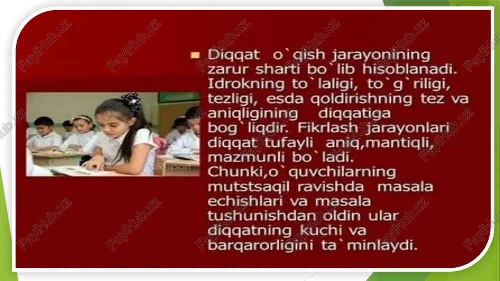 b xafa bolgan taqdirda ham ijobiy bolib, unga ishonch bilan qarashi saqlanib qolaveradi. 3—4-sinflarda o'quvchilarda o'rtoqlari va sinfdoshlari o‘rtasida mavqeli bir o‘rinni egallashga harakat yuzaga kelib, o‘rtoqlari fikrlariga asoslanish paydo boladi. 0‘qishning ijtimoiy ahamiyatini tushunish (2—3-sinflarda) o‘qish mazmunini va bilimlarni egallash yollariga qiziqishning yuzaga keltirilishi bilan mustahkamlanishi mumkin. bunday holda kichik maktab davrining oxirlarga borib o‘qishga nisbatan motivatsiyaning pasayishi ko‘zga tashlanmaydi. kichik maktab davrida maqsadni qo‘yish shu bilan xarakterlanadiki, o‘quvchi o‘qituvchi tomonidan berilgan maqsadlarni qabul qilishga tayyor boladi. kichik maktab davrida o‘quvchining o‘z xatti-harakatlarini o‘qituvchi qo‘ygan maqsad va vazifalarga moslashtirishi sinfdan-sinfga ko‘tarilgan sari kuchayib boradi. bu o‘quvchining maktab qoidalariga amal qilishida, sinfdagi vazifalarini bajarishida ko‘rinadi boshlang‘ich sinf o‘quvchilari, hatto mazmuni tushunarli bolgan materialni ham ma’nosiga e’tibor bermasdan, mexanik ravishda o‘rganib oladilar. e.g‘.g‘oziyevning fikriga kola, buning sabablari quyidagilar: 1) ularning mexanik xotirasi boshqa xotira turlariga qaraganda yaxshiroq rivojlangani uchun ham ma’lumotlarni aynan, o‘zgarishsiz eslab qolish imkonini beradi; 2) o‘quvchilar o‘qituvchi qo‘ygan …