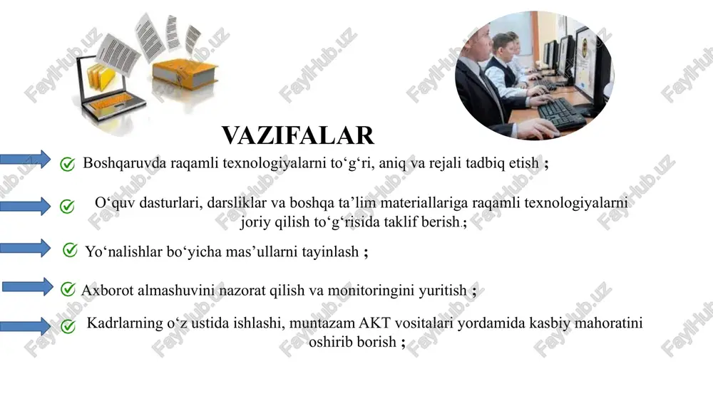 an samarali foydalanish uchun imkoniyat paydo bo‘ladi, axborot almashinuvi tezlashadi, ta’lim jarayonini samarali tashkil etishga xizmat qiladi. qog‘ozbozlikka chek qo‘yish, ma’lumotlarning shaffofligi, korrupsion holatlarning oldini olish o‘qituvchilarni darslarga tayyorgarlik ko‘rishi, malaka oshirishlari, mediasavodxonlik va akt bo‘yicha bilimlarini oshirish orqali korrupsiya holatlariga yo‘l qo‘ymaslik. maktab direktori, direktor o‘rinbosarlari o‘quv yili davomida maktab faoliyati bosqichma-bosqich raqamlashtirishga o‘tkaziladi e’tiboringiz uchun tashakkur! image1.jpeg image2.png image3.png image4.png image5.jpeg image6.png image7.png image8.png image9.jpeg image10.jpeg image11.png image12.png image13.jpg image14.png image15.png image16.png image17.jpeg image18.jpeg image19.png image20.png image21.png image22.png image23.png image24.png image26.svg image25.jpeg image26.jpeg image27.jpeg image31.png image39.svg image40.svg image32.png image42.svg image33.png image28.png image31.svg image29.png image33.svg image30.png image37.svg image34.png /docprops/thumbnail.jpeg