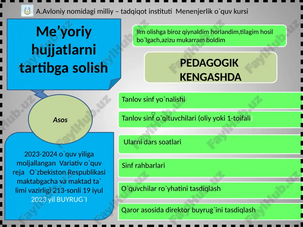 ik qilishadi 10 2023-2024 o`quv yiliga mo`ljallangan variativ o`quv reja o`zbekiston respublikasi maktabgacha va maktad ta` limi vazirligi 213-sonli 19 iyul 2023 yil buyrug`i asos taqqoslash uchun a.avloniy nomidagi milliy – tadqiqot instituti menenjerlik o`quv kursi o`zbekistonda –variativlik asosida o`qitish-2019yilda o`qitish yoshi -- 7-sinf majburiy fan ulushi– 70 foil o`zgaruvchan fan ulushi 30 foiz y y amerikada– variativlik -asosida o`qitish -1960-yildan o`qitish yoshi 7-sinf majburiy fan ulushi– 68 foil o`zgaruvchan fan ulushi 32.9 foiz fransiyada– vari ativlik asosida o`qitish -1970 yildan o`qitish yoshi -- 6-sinf majburiy fan ulushi– 38 foil o`zgaruvchan fan ulushi 62 foiz rossiyada – variativlik asosida o`qitish -2003 yildan o`qitish yoshi -- 7-sinf majburiy fan ulushi– 16 foil o`zgaruvchan fan ulushi 84 foiz byuk-britaniyada–variativlik asosida o`qitish1970yildan o`qitish yoshi -- 6-sinf majburiy fan ulushi– 0 foil o`zgaruvchan fan ulushi 100 foiz 11 2023-2024 o`quv yiliga mo`ljallangan variativ o`quv reja o`zbekiston respublikasi maktabgacha va maktad ta` limi vazirligi 213-sonli …
