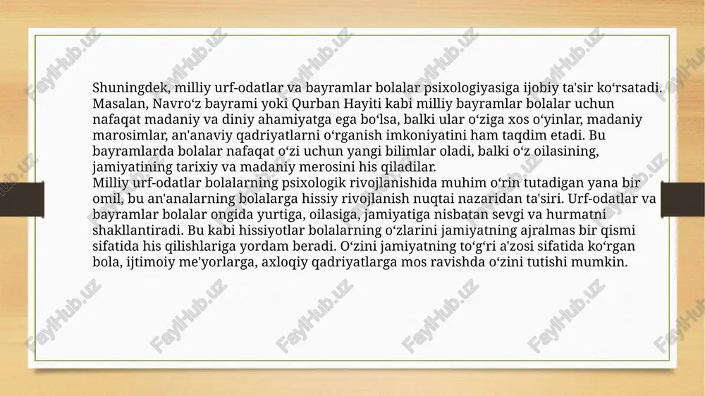 , bolalarni o‘zaro hamkorlikda ishlashga, maqsad sari birgalikda harakat qilishga undaydi, bu esa ular uchun ijtimoiy muhitda muvaffaqiyatli bo‘lishning asosiy qoidalaridan biridir. xalq og‘zaki ijodi va an'anaviy o‘yinlar, shuningdek, bolalarning hissiy va aqliy rivojlanishini ta'minlashda muhim o‘rin tutadi. xalq og‘zaki ijodi orqali bolalar, faqatgina ma'naviy va axloqiy qadriyatlarni o‘rganib qolmaydi, balki o‘zining hissiy tajribasini ham boyitadi. masalan, ertaklarda bosh qahramonlarning his-tuyg‘ulari va qarorlarining ta'siri bolalarga o‘z his-tuyg‘ularini boshqarishga, adolatli va yaxshi qarorlar qabul qilishga yordam beradi. shuningdek, o‘yinlar bolalarning hissiy ko‘nikmalarini rivojlantiradi, ular o‘yin orqali o‘zlarining his-tuyg‘ularini ifodalash va boshqalar bilan muloqotda bo‘lishni o‘rganadilar. bundan tashqari, milliy o‘yinlar va xalq og‘zaki ijodi orqali bolalar, jamiyatning turli an'analari va qadriyatlarini o‘rgatadigan, bir nechta madaniy qatlamni anglashadi. bu, o‘z navbatida, bolalarning keng dunyoqarashini shakllantiradi, ularni boshqa madaniyatlar bilan tanishtiradi va global dunyoda ham moslashuvchanligini ta'minlaydi. milliy o‘yinlar va ertaklar bolalarning ilmiy va ijodiy qobiliyatlarini rivojlantirishga yordam beradi, ular o‘yinlar va hikoyalar orqali …