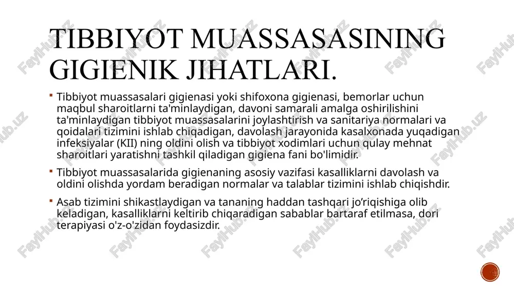 lari kasalxona shtammi - bu bo'limda aylanish natijasida, mutatsiyalar yoki genlarning ko'chirilishi (plazmidlar) natijasida genetik xususiyatlari o'zgargan va "yovvoyi" shtamm uchun odatiy bo'lmagan, kasalxona sharoitida omon qolish uchun ba'zi xarakterli xususiyatlarga ega bo'lgan mikroorganizmdir. moslashuvning asosiy xususiyatlari - bir yoki bir nechta keng spektrli antibiotiklarga qarshilik, atrof-muhit sharoitlariga chidamlilik va antiseptiklarga nisbatan sezgirlikning pasayishi. kasalxona shtammlari juda xilma-xildir, har bir shifoxona yoki bo'lim o'ziga xos biologik xususiyatlarga ega bo'lishi mumkin. kasalxona ichi infeksiyalarning yuqish mexanizmi. infektsiyani yuqtirish mexanizmlari: aerozol, fekal-og’iz, aloqa, qon bilan aloqa qilish transmissiya omillari chang, suv, oziq-ovqat, uskunalar, tibbiy asboblar va boshqa fomitlar. infeksion yo'llari aloqa uy xo'jaligi, havodagi va havodagi chang. parenteral yo'l (gepatit b, c, d, oiv va boshqalar uchun odatiy) nozokomial infeksiyalarning oldini olishning umumiy tamoyillari. tashqi tomondan infeksiyani kiritish imkoniyatini minimallashtirish; muassasa ichidagi bemorlar o'rtasida infeksiya tarqalishining oldini olish; sog'liqni saqlash muassasasidan tashqarida infeksiyani olib chiqilishini oldini olish. image4.png image3.png image5.png image6.jpeg image7.png …