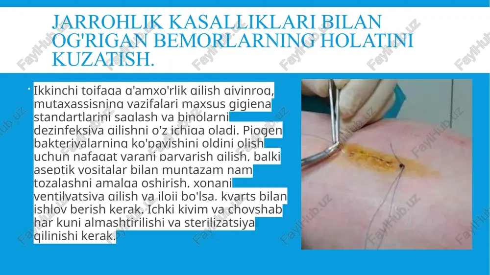 as olish yo'llarini parvarish qilish) bemorni yotoqqa aylantirish parvarishning muhim qismidir. qoida tariqasida, ular har 2 soatda standart sifatida amalga oshiriladi, bunda "moyil holatida", ya'ni oshqozonda mexanik shamollatishga alohida ahamiyat beriladi. moyil holatida o'pka qon oqimining qayta taqsimlanishi va o'pkaning alohida qismlarining ventilyatsiyasi sodir bo'ladi, bu o'pkaning yanada bir tekis kengayishiga, tiqilishi va shunga mos ravishda ventilyator bilan bog'liq pnevmoniyaning oldini olishga yordam beradi. nafas olish pallasining bemorning boshiga nisbatan qulay holatini ta'minlash muhim, bu shlanglardagi kuchlanishni, shuningdek, nafas olish yo'llariga kondensat tushishini oldini oladi. namlik kollektorlari va shlanglarning holatini kuzatib borish, ularni kondensatsiyadan zudlik bilan bo'shatish, shuningdek, agar kerak bo'lsa, nafas olish aralashmasi namlagichini distillangan suv bilan to'ldirish kerak. operatsiyadan keyingi davrda bemorlarni parvarish qilish (sun'iy shamollatish va drenaj sharoitida nafas olish yo'llarini parvarish qilish) mexanik shamollatish bilan og'rigan bemorlarda og'iz bo'shlig'ini sanitariya qilish ham katta diametrli sanitariya kateterlari yordamida muntazam ravishda amalga oshirilishi kerak. ushbu protseduraning ahamiyati og'iz …