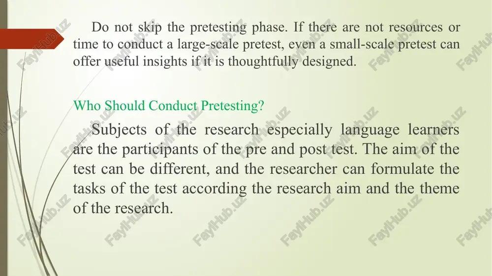 ints that came up during the testing. findings: present a complete report on the findings. where appropriate, describe the participants’ reactions, incorporate key quotes and describe which creative ideas and concepts worked the best versus those that were not appealing or effective. conclusions: describe the patterns that came up and/or the major differences that were observed across the individuals and/or groups. recommendations: suggest and prioritize revisions for the tested creative ideas, concepts, and/or materials based on the findings and conclusions. homework answer the following questions: what is the similarities of pre test and post test? what is pre test and post test in research? how do you evaluate pre test and post test? what comes first pre test or post test? why is pre test important? what is the purpose of a pre test? how do you pre assess students? image1.jpeg image2.png image3.png image4.png /docprops/thumbnail.jpeg