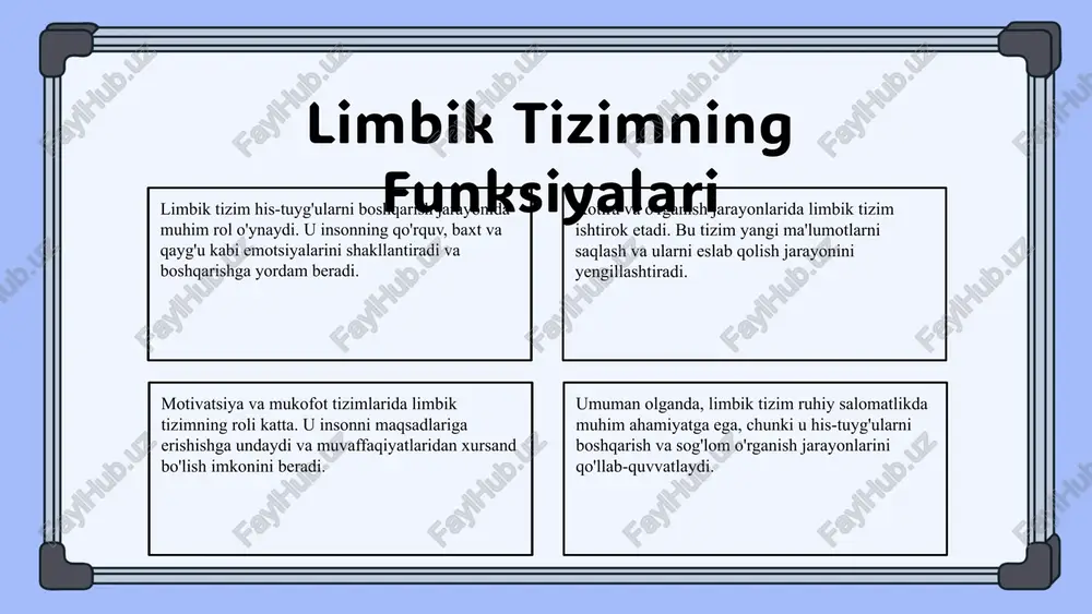 texnologiyalar yordamida limbik tizimning funksiyalari va tuzilishini o‘rganish. - genetika va nevrologiya sohasidagi kashfiyotlar. - yangi metodlar orqali emotsional va kognitiv jarayonlarni o‘rganish. bu kashfiyotlar inson psixologiyasini va sog‘ligini yaxshilashda muhim ahamiyatga ega. xulosa limbik tizim va katta yarim sharlar po‘stlog‘ining o‘zaro aloqasi muhimdir. ularning emotsiyalar, xotira va kognitiv jarayonlardagi roli ajralmasdir. stressni boshqarishda limbik tizimning ahamiyati katta. katta yarim sharlar po‘stlog‘i inson faoliyatida muhim funksiyalarni bajaradi. kelajakdagi tadqiqotlar yangi texnologiyalar yordamida limbik tizim va katta yarim sharlar po‘stlog‘ining funksiyalarini yanada chuqurroq o‘rganishga imkon beradi. bu, o‘z navbatida, emotsiyalar va kognitiv jarayonlar haqidagi bilimlarimizni kengaytiradi. foydalanilgan adabiyotlar 1. xudoyberganova, s. a. limbik tizimi va katta yarim sharlar po’stlog’i: asosiy tamoyillar. toshkent davlat universiteti, 2022. 2. abdullayev, a. m. katta yarim sharlar po’stlog‘ining funktsiyalari va limbik tizim bilan aloqasi. o‘zbekiston milliy universiteti, 2021. 3. yusupov, d. f. emotsiyalarni boshqarishda limbik tizimning o‘rni. o‘zbekiston psixologiya jurnali, 2023. 4. toshpulatov, r. k. limbik …