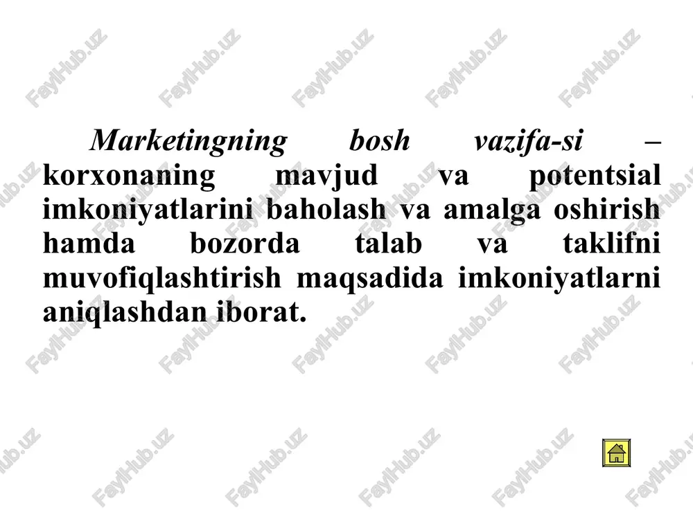 obatchi tovarlarning, ya’ni faqat o’z firmasi tovarlarigina emas, balki shu bilan birga raqiblari tovarlarining ham yutuq va kamchiliklarini tahlil qilish; assortiment strukturasini soddalashtirish imkoniyatlarini o’rganish; mahsulot (buyum) lar assortimentini bozorning jami asosiy tovar yoki iste’mol sektorlaridagi raqobatchi mahsulotlarga nisbatan to’liqligi nuqtai nazardan tahlil qilish; ishlab chiqariladigan mahsulotlarni qo’llash – ishlatishning yangi usullarini izlash; texnikaviy uskunalash, sotuvdan keyin xizmat ko’rsatish, qo’shimcha xizmat ko’rsatish masalalarini o’rganish. savdoni tadqiq etish ayrim tumanlar bo’yicha sotilgan mahsulot hajmidagi farqlarni aniqlash. savdo tumanlari chegaralarini belgilash va uni qayta ko’rib chiqish; yangi hududlardagi yashirin imkoniyatlarni tahlil qilish; savdo xodimlari ishi samaradorligini tahlil etish, tayyor savdo vakilining mijozlar xuzuriga qatnashishini rejalashtirish, savdo xodimlarining firma obro’si va uning raqobatchilari to’g’risidagi fikrlarini o’rganish; savdo va ko’rgazma o’tkazish usullarini tahlil etish va baholash; chakana savdo tarmoqlaridagi tovarlar zaxiralarini ro’yxatdan o’tkazish. firma yashirin imkoniyatlarini tadqiq etish tahlil qilish; moliyaviy ahvolini baholash, firmaning infrastrukturasi, bevosita kapital qo’yilmalar hajmi va joylari to’g’risida ma’lumotlar, iqtisodiy …