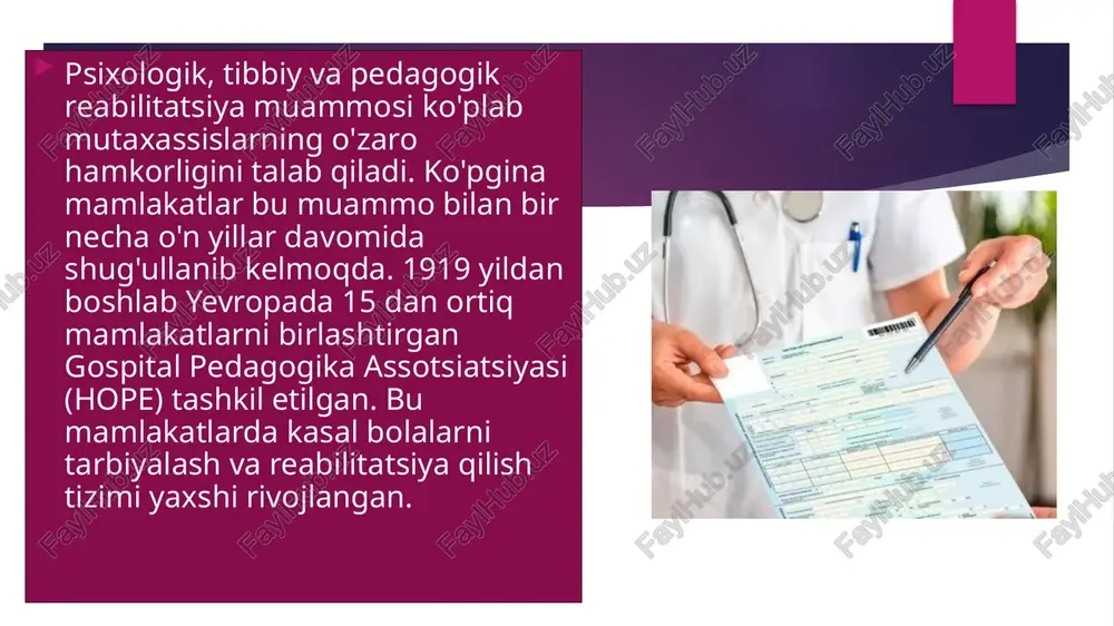uvning ahamiyati nima? 3. gospital maktablar shifoxona va maktab o‘rtasidagi ko‘prik qanday tavsiflanadi? foydalanilgan adabiyotlar: 1. äärelä, t., määttä, k., & uusiautti, s. (2018). kasalxona maktab pedagogikasi nuqtai nazaridan ota-onalar va o'qituvchilar hamkorligining muammolari. bolaning erta rivojlanishi va parvarishi, 188(6), 709-722. doi: 10.1080/03004430.2016.1230108 2. serradas fonseca, m. (2015). la ko'p o'lchovli kasalxonaga oid rolik. educ@ción en contexto, 1(2), 38-55. https://educacionencontexto dan olindi 3. avalos, l. va fernandes, mb (2021). kasalxona pedagogikasi o'qituvchilari: tizimli tahlil. paidéia (ribeirão preto), 31, e3139. doi: https://doi.org/10.1590/1982-4327e3139 4. www.ziyonet.uz 5. https://mymedic.uz image2.jpeg image3.jpeg image4.png image5.png image1.jpeg /docprops/thumbnail.jpeg