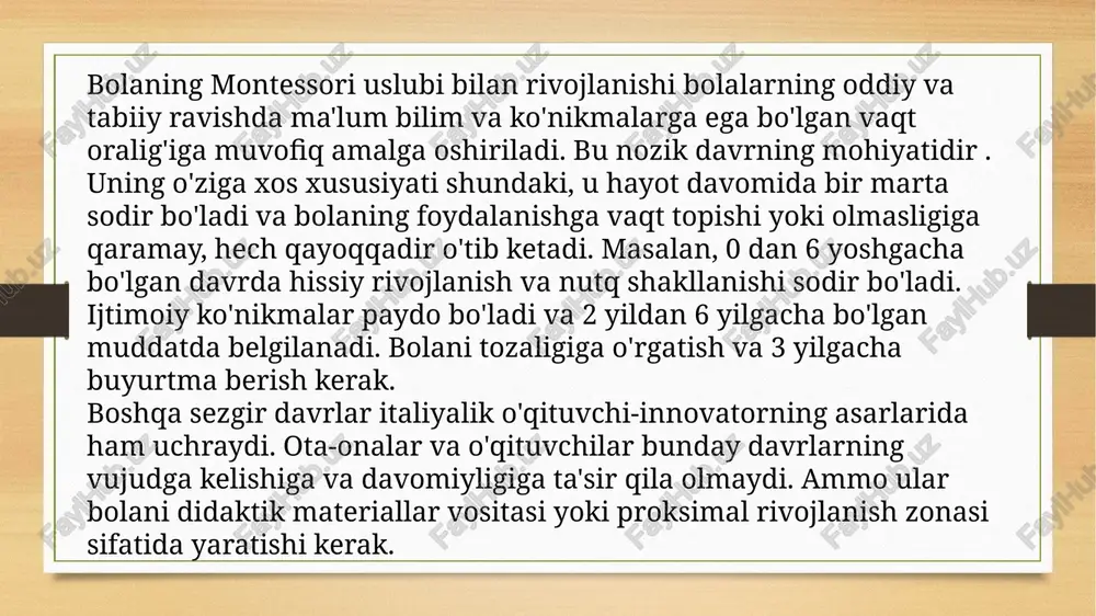 gik tizim singari montessori uslubi ham bir qator kamchiliklarga ega. tizim faqat razvedka va amaliy ko'nikmalarni rivojlantiradi. harakat va rol o'yinlari yo'q. ijodkorlikni rad etdi. bunga to'sqinlik qiladigan ko'rinadi aqliy rivojlanish bola (garchi psixologik tadqiqotlar aksini bildirsa-da). biroq, montessori gardens-da maxsus o'yin xonalari mavjud va u bolalar bog'chasida har doim sarf qilmaydi. bu oxirgi ikki kamchilikni qisman qoplash imkonini beradi. montessori tizimi juda demokratik. oddiy bolalar bog'chalari va maktablarining intizomiga bolalarni kiritish qiyin bo'lishi mumkin. montessori usulining asosiy xususiyati bolaning shaxsiy qobiliyatlarini namoyon etishga qodir va tayyor bo'lishlari mumkin bo'lgan maxsus rivojlanish muhitini yaratishdir. montessori darslari an'anaviy darsga o'xshamaydi. montessori materiallari bolaning o'z xatolarini ko'rish va tuzatishga imkon beradi. montessori o'qituvchilarining o'rni o'rganishda emas, balki bolaning mustaqil faoliyatida rahbarlik qilish. montessori uslubi e'tiborni, ijodiy va mantiqiy fikrlashni, xotirani, nutqni, tasavvurni, harakatchanlikni rivojlantirishga yordam beradi. montessori uslubi aloqa qilish ko'nikmalariga egalik qilish, shuningdek, mustaqillik rivojiga hissa qo'shadigan uy xo'jaliklarini rivojlantirishga yordam …