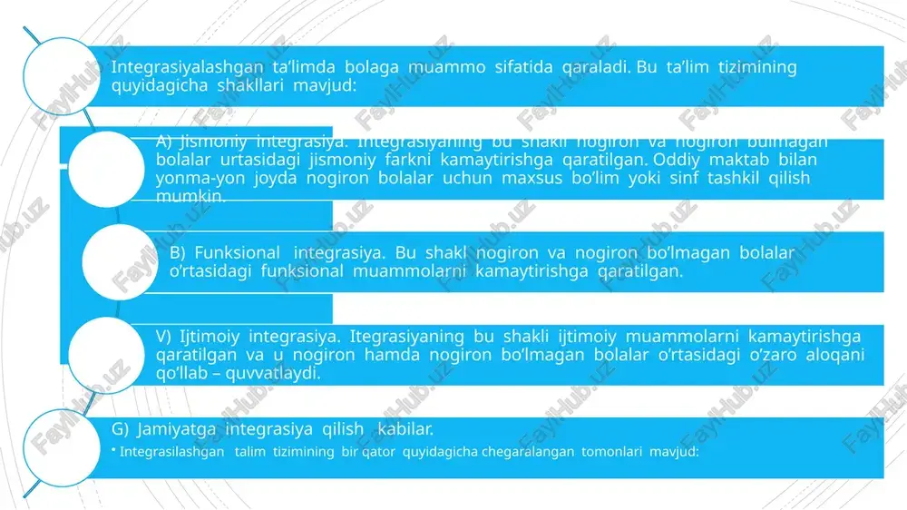 a moslashishi, kelajakda normal rivojlanishdagi boalalar qatori faoliyat yuritishlarida juda katta qiyinchiliklarga duch keladilar. maxsus maktablar mana shu jihatlari bilan juda katta kamchiliklarga ega. bundan tashqari maxsus ehtiyojli bolalarni barcha qatori keng jamoatchilik davrasidan ajratgan holda yashashlari ham demokratiya nuqtai nazariga to’g’ri kelmaydi. chunki maxsus ehtiyojli bolalar ham barcha qatori haq-huquqlarga ega. shuningt uchun ham 1990 yilda djonpieen (tailand)da juda muxim koferensiya o’tkazildi. bu konferensiya “ta’lim hamma uchun” maqsadini shakllantirishga qaratilgan bo’lib, unga 155 ta davlat vakillari va 150dan ortiq nodavlvt tashkilotlari qo’shildilar. tahlil shuni ko’rsatadiki, taxminan 10-15% bolalar maxsus ta’limga muxtoj ekanligi aniqlandi. shuningdek, bolalar huquqlari to’g’risidagi konvensiyaning 23-bandida maxsus ehtiyojli bolalarning ta’limi xususida quyidagicha ta’kidlangan “nogiron bolani maxsus ehtiyojlarini aniqlab, uni ijtimoiy hayotga qo’shishi va shaxs sifatida rivojlana olishiga etaklovchi vosita hisoblanadigan ta’lim olishga har tomonlama yordam berishi lozim. ishtirokchi davlatlar aqliy va jismoniy jihatdan yaxshi rivojlanmagan bola o’zining qadr-qimmatini ta’minlaydigan, o’ziga ishonch tug’diradigan va uning jamiyat hayotidagi …