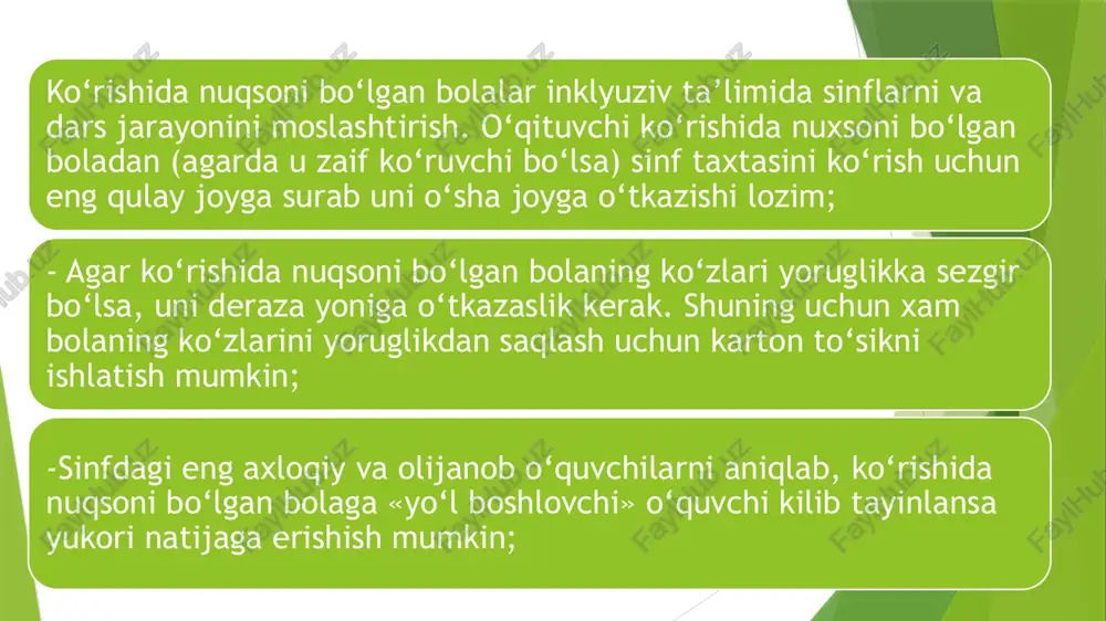alilni idrok etish zarurati mavuddir. ushbu bilimlarni chuko‘rlashtirish buyimkoniyaticheklangana ish olib borish bola, oila, xam jamiyat darajasida xamma uchun muximdir. inklyuziv ta’lim qashshoqlik va ajratish iskanjasidan qutulishga imkon beradi; • kamsitishlarning oldini oladini oladi, imkoniyati cheklangan bolalarning teng huquqligini ta’minlaydi; • inklyuziv ta’lim maxsus extiyojli bolaning o‘z oilasi va jamiyat orasida bo‘lishiga imkon beradi; • inklyuziv ta’lim yanada inklyuzivlikga olib keladi; • inklyuziv ta’lim barcha uchun ta’lim sifatini yaxshilaydi; • imkoniyati cheklangan bolalar sog‘lom tengdoshlari orasida tabiy sharoitda yashash va mexnat qilishga moslashadilar; • ularning ijtimoiy jamiyaga moslashishi samarali kechadi. yuqorida keltirib o‘tilganlarni hayotga joriy etish uchun o‘qituvchilar o‘quvchilar bilan har kuni ularni qiziqtiruvchi va bezovta qiluvchi istalgan mavzuda gaplashish imkoniyatini topish kerak. bu insonlarga munosabatni muhokama qilishning boshlanishi bo‘lishi mumkin, masalan, agar bola o‘z tajribasi haqida gapira olmasa ham qolgan sinf esa uni qo‘llab quvvatlasa, yoki bu bolani qarashlarini qoralashga o‘rganishi mumkin. bunda bolalar o‘zlarini xavfsiz sezadilar va o‘z …