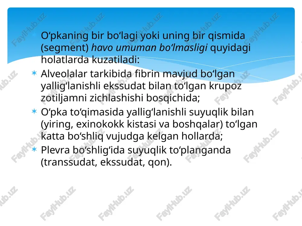 a, qovurg‘alar sinishi, bemorning harakatsizligi (nafas olish sustligi); plevra bo‘shlig‘ida suyuqlik va havo to‘planishi, varaqlarini qalinlashishi (manbaadan ko‘krak qafasiga tovush o‘tishi susayishi) vezikulyar nafasning patologik susayishi faqat hiqildoq va traxeya sathida eshitiladi; auskultatsiya tovushi baland, “x” tovushini eslatadi; nafas olish va chiqarish davomiyligi nisbati 1:3 yoki 1:1; nafas olish va chiqarish bosqichlari o‘rtasida albatta tovushsiz tanaffus mavjud; ko‘krak qafasining o‘pka to‘qimasi ko‘p joylashgan boshqa sohalarida u bo‘g‘iqlashadi. me’yoriy bronxial nafas amforik nafas o‘pkalarda mavjud bo‘lgan va bronxlar bilan tutashgan bullyoz (destruktiv zotiljamda) va boshqa bo‘shliqlar sathida eshitiladi, puflovchi xususiyatga ega va ichi bo‘sh shisha idish bo‘g‘ziga puflangandagi kabi tovushni eslatadi. amforik nafas yuqori to‘lqinli, baland va to‘qimalarga yaxshi uzatiladi. u paydo bo‘lishi uchun ikki sharoit ya’ni katta hajmli havoli bo‘shliq va uning yirik bronx bilan tutashgan bo‘lishi lozim. amforik nafas baland va yuqori, metall kabi jaranglovchi tovush. u ochiq pnevmotoraks uchun xos (plevra bo‘shlig‘iga tashqi havo bilan tutashgan pnevmotoraks bunda …