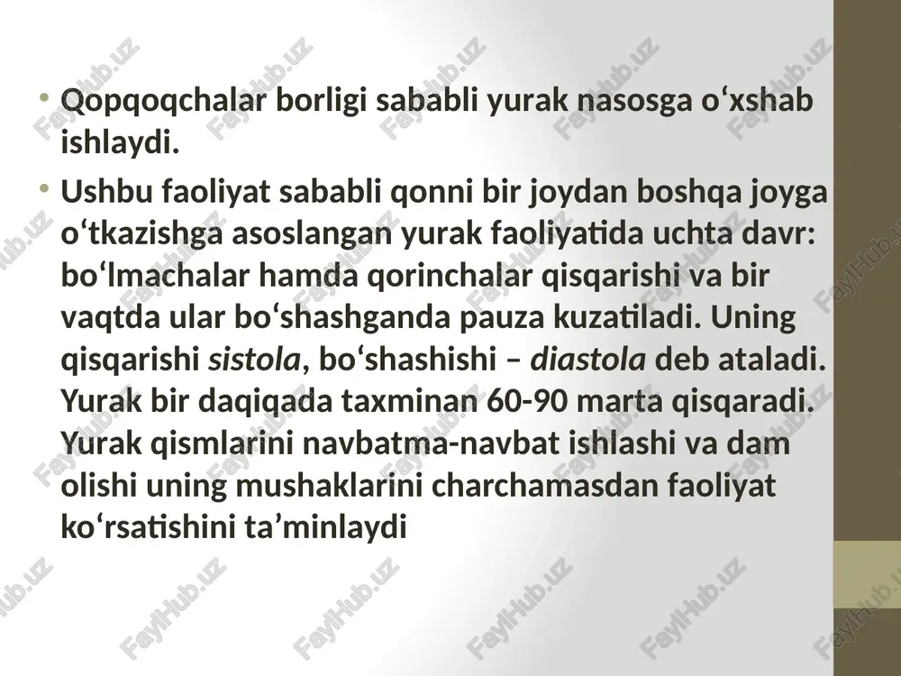 miqdorini ko‘p qismi oyoqlarda qolib, uning hajmi kamayadi, natijada kichik qon aylanish doirasidagi dimlanish belgilari biroz pasayadi, diafragma qorin sohasiga tushadi va yuqoridagi suyuqlik kamayadi. teri va ko‘rinib turgan shilliq qavatlar rangini baholash akrosianoz sianoz ko'proq tananing yurakdan uzoqroq qismlarida – qo'l va oyoq barmoqlari, burun uchi, lablarda va quloq suprasida yaqqolroq namoyon bo'ladi markaziy sianoz kichik qon aylanish doirasida qonning yetarli darajada arterializatsiya (kislorod bilan to'yinmasligi) bo'lmasligi oqibatida yuzaga kelgan kislorod yetishmasligi bilan bog'liq yurak sohasi ko‘rigi yurak sohasi ko‘rigida quyidagilarni aniqlash va baholash katta amaliy ahamiyatga ega: yurak bukrisi yurak uchi turtkisi epigastral pulsatsiya o‘ngda ikkinchi qovurg‘alararo sohada pulsatsiya o‘pka arteriyasi o‘zani kengayganda chapda ikkinchi qovurg‘alararo sohada pulsatsiya to‘shdan chapda uchinchi va to‘rtinchi qovurg‘alar orasida pulsatsiya. yurak bukrisi yoki epigastral pul`satsiya – o'ng qorincha gipertrofiyasidan dalolat beradi.. o'ngda ikkinchi qovurg'alar oralig'ida pul`satsiya – aorta ko'tariluvchi qismi va ravog'i anevrizmasidan dalolat beradi. chapda ikkinchi qovurg'alar oralig'ida pul`satsiya – o'pka …