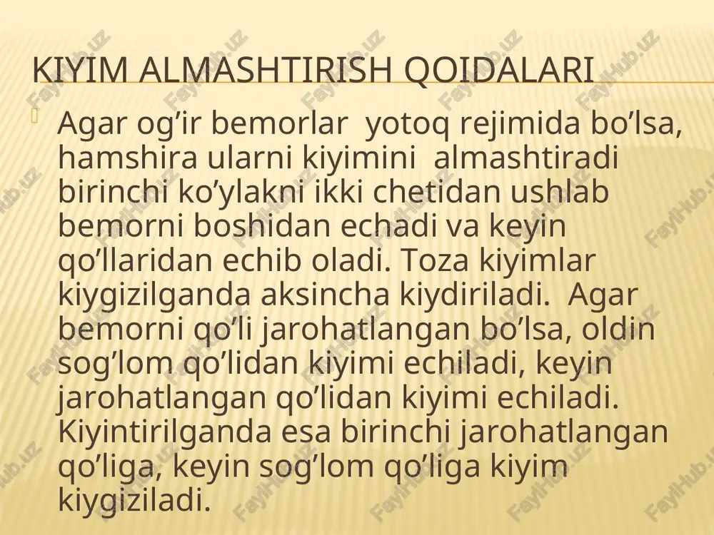gan qisib turadigan kiyim kiydiriladi: 2 ta ko’llari uzun bo’lgan rasposhonka ustma- ust kiydiriladi (biri oddiy ikkinchisi esa flanellangan). yupqa rasposhonka bel tomonini qamrab olsa issiq rasposhonka qorin tomonidan yopiladi. issiq rasposhonqani qo’li uzun, shuning uchun uni tiqish kerak emas, pastki tomondan kindikni yopib tursa bo’ldi.. bolaning shaxsiy gigienasi og’iz bo’shlig’i parvarishi ko’zlar parvarishi. quloqlar parvarishi. burun bo’shlig’i parvarishi tirnoqlarni olish. sochlar parvarishi maktab yoshidagi bolalarda ko’rish gigienasi image3.jpeg image4.jpeg image5.jpg image6.jpg image7.png image8.png image9.png /docprops/thumbnail.jpeg