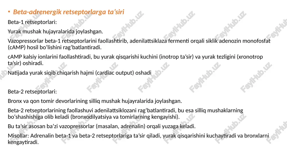 ganlarda tomirlarni kengaytirib perfuziyani yaxshilaydi. 2. o‘rta doza (5–10 mcg/kg/min): beta-1 retseptorlarini faollashtiradi. yurak qisqarishini va chiqish hajmini oshiradi. 3. yuqori doza (>10 mcg/kg/min): alfa-1 retseptorlarini faollashtiradi. tomirlarni toraytirib, periferik qarshilik va qon bosimini oshiradi. qo‘llanilishi: kardiogen shok. gipotoniya bilan bog‘liq sharoitlarda (yurak chiqishi past bo‘lsa). buyrak perfuziyasini qo‘llab-quvvatlash (past dozada). fenilefrin qo‘llanilishi: og‘ir gipotoniya: anesteziya paytida va septik shokda ishlatiladi. refleks taxikardiyani oldini olish: beta-1 ta’siri kamligi tufayli yurakni ortiqcha yuklamaydi. nazofaringeal va oftalmik jarrohlikda: lokal tomir torayishi uchun ishlatiladi. yon ta’siri: tomirlarning haddan tashqari torayishi natijasida to‘qima ishemiyasi. refleks bradikardiya. yurak chiqishi pasayishi (beta-adrenergik ta’sir yo‘qligi sababli). vasopressin qo‘llanilishi: septik shok: noradrenalin bilan birga yordamchi dori sifatida. og‘ir gipotoniya: katexolaminlarga javob bo‘lmasa. qon ketishni to‘xtatish: ezofageal varikozda yoki jarrohlik jarayonida. yon ta’siri: periferik tomirlar torayishi natijasida to‘qima nekrozi. elektrolit muvozanati buzilishi (masalan, giponatremiya). qon bosimining haddan tashqari oshishi. vazopressorlarni qo‘llash ko‘rsatmalari shok turlari uchun vazopressorlarni tanlash septik shok: …