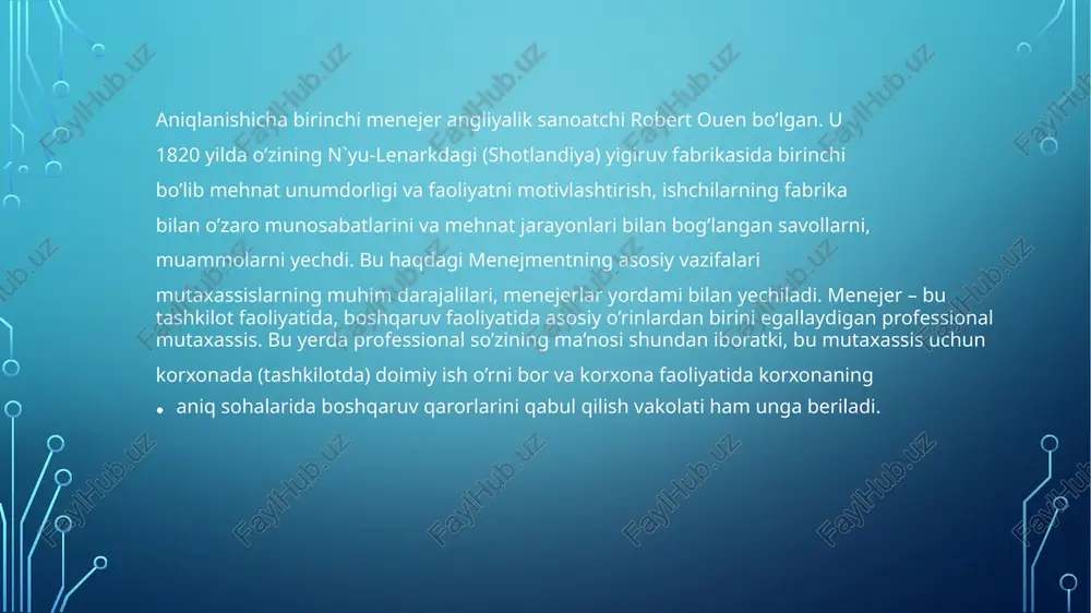 y munosabatda bo’lishi lozim va shu bilan bir qatorda o’z istida ishlagan rahbarsifatida ham kadrlarga yuklanadigan topshiriqlarga qat’iyatli va albatta adolatli ish yuritishi maqsadga muvofiq sanaladi. menejer rahbarsifatida yetakchilik maxoratini ishga solgan holda ish yuritishi lozim negaki rahbarhar tomonlama mukammal ish olib boraolsagina ish faoliyatida rivojlanish yuzaga keladi. deylik ish faoliyatidagi rahbar –menejer jamoani boshqarayotganda o’zrahbarligiga ishontira olmadi, o’z ustida ishlamaganligi tufayli xodimlarda rahbarga nisbatanishonchsizlik paydo bo’la boshladi. bundayvaziyatda jamoada menejer ya’ni rahbarni qarorlariga nisbatan xodimlarda hurmat hamdamasuliyat bilan ish yuritish ham yo’qoladi. bundayvaziyatni orqasidan ishda rivojlanish yo’qoladi. shu bois ham menejer,yuqorida aytib o’tganimizdek,qat’iyatli ish yuritishi o’z so’zlari va qarorlari orqali jamoani miqdoriy tizimli yondashuv asosida boshqara olishi, to’g’ri qaror qabul qila olishi lozim hisoblanadi, vaziyatli yondashgan rahbarsifatida liderlik mahoratini ishga solib xodimlarni o’ziga ya’nifaoliyatiga masuliyat bilan yondasha olishiga va ish darajasini sifatini oshira olishiga ishontira olishi lozim. aynan zamonaviy menejer va yetakchi shundayyo’l tutishi kerak. buchratdilar.lubi – bu rahbar …