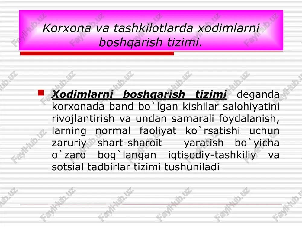 hujatlar orqali ifodalaydi. 3.samarali yetakchilik- o`zaro munosabatlarning yangicha “yetakchi izdosh”shakli asosiga quriladi.bu sulda yetakchi hokimyatni uning qobilyatini e`tirof etgan izdoshlaridan oladi. 4.demokratik boshqaruv “saylab qo`yilgan rahbar- bo`ysinuvchi xodimlar” munosabati asosiga qo`yilgan. bunday jamoada o`z-o`zini boshqarish judayam yuqori darajada bo`lib, mazkur jamoa yetakchini o`zi saylaydi. yetakchilik boshqaruv o`rnini bosmaydi , balki boshqaruvni to`ldiradi. yetakchilik odatda , boshqaruvning ananaviy usullari ko`zlagan natijaga erishish imkonini bermagan hollarda qo`llaniladi. yetakchi novator ruhlantiradi o`z maqsadlarini amalga oshiradi; faoliyat asosi-tassavur etish; izdoshlarga tayanadi; extiroslardan foydalanadi; ishonadi; tashabbusga turtki beradi; tashabbuskor; qarorlarni voqealikga aylantiradi; to`gri ish qiladi; ardoqqa sazovor; yengil sanoat korxonalarida mehnat resurslarni boshqarish o`zbekiston respublikasining mehnat resurslari tahlili mamlakatning mehnat resurslari deganda mehnatga layoqatni yoshda bo`lgan (o`zbekiston respublikasida erkaklar uchun16 yoshdan 59 yoshgacha , ayollar uchun 16 yoshdan 54 yoshgacha) aholi , shuningdek iqtisodda band mehnatga layoqatli yoshda bo`lmagan ( o`smirlar va mehnatga layoqatli yoshdan yuqori yoshdagilar) shaxslar tushuniladi. bundan ishlamayotgan i, ii guruh nogironlari …