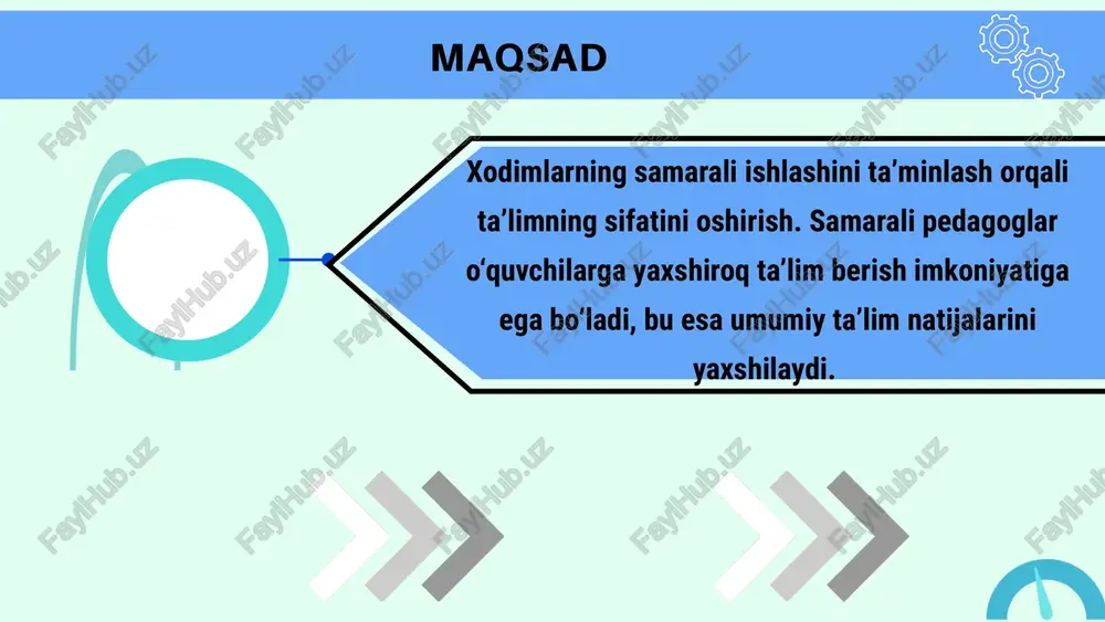 ar mavjudligini va ularning samaradorligini baholash xodimlarni rag‘batlantirish uchun moliyaviy strategiyani ishlab chiqish. maqsadlar va erishish kerak bo‘lgan natijalarni aniqlash xodimlarning maoshini ish samaradorligi va natijalarga qarab ko‘tarish. muhimi, maosh ko‘tarish uchun aniq va obyektiv mezonlar belgilash. bu mexanizmlarni amalga oshirish orqali, maktabda xodimlarni moliyaviy rag‘batlantirish tizimini samarali tashkil qilish va ularning ish samaradorligini oshirishga erishish mumkin. image1.png image2.svg image2.png image4.svg image3.png image4.png image5.png image8.svg image6.png image10.svg image7.png image12.svg image8.png image14.svg image9.png image16.svg image10.png image18.svg image11.png image20.svg image12.gif image13.png image14.png image24.svg image15.png image26.svg image16.gif image17.png image18.gif image19.gif image25.png image40.svg image26.png image27.png image28.png image29.gif image30.gif image31.png image32.png image20.png image32.svg image21.jpeg image22.png image35.svg image23.png image24.png image38.svg image34.png image35.gif image33.png image36.png image37.gif image38.png image39.png image40.png image41.gif /docprops/thumbnail.jpeg