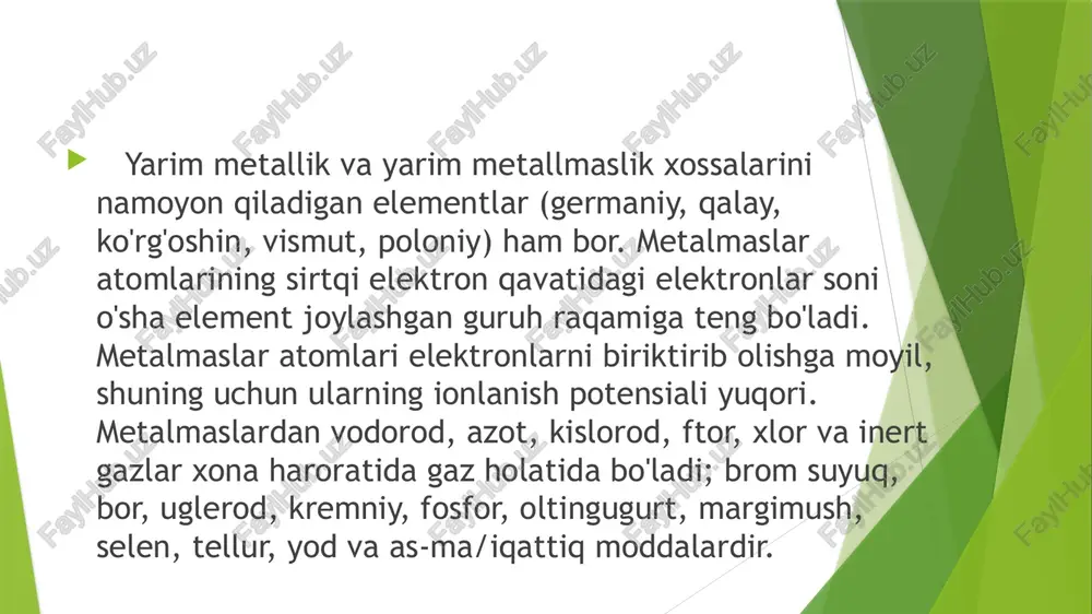 aysilar? nometal materiallar deb nmaga aytiladi? rezina nechchi turga bolinadi va ular qaysilar? xulosa shunday qilib, har xil fizik- ximik, elektr va mexanik xususiyatlarga ega bo'lgan yuqori molekulyar birikmalarni (polimerlarni) sanoat miqyosida ishlab chiqarish, mashinasozlikning progressiv texnologiyasini tashkil etishga mashina va mexanizmlarning tannarxini va solishtirma og'irligini kamaytirishga, shuningdek, sanoat estetikasi talablarini tobora to'laroq qondirishga yordam beradi. golossariy o’zbek rus ingliz metall metall metal mexanik mexanik mechanic xossa svoystva property temperatura temperatura temperature qizdirish razogrev heating up cho’yan chugun cast iron po’lat stal' steel sim sim sim eritish plavlenie melting yumshatish smyagchenie softening foydalanilgan adabiyotlar: 1. sanaqulov x.r., xodiyeva d.p. satbayeva «mehnat va uni o'qitish metodikasi». darslik. t.: tdpu. 2015-yil. 2. mavlonova r. a., sanaqulov x.r., xodiyeva d.p. mehnat va uni o'qitish metodikasi. o'quv q o 'llanma. t.; tdpu. 2007-yil. 3. sanaqulov x.r., xodiyeva d.p., sanaquiova a.k. "texnologiya" 2-sinf darsligi. t . ; "sharq" . 2018-yil10 4. shakhlo khakimovna kharatova "use …