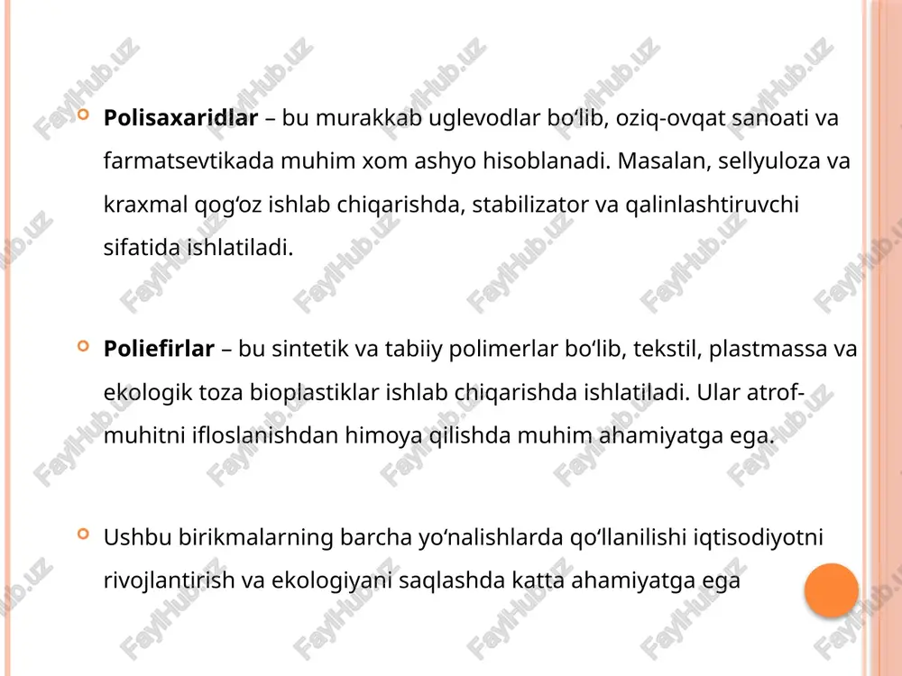 olietilen eng ko‘p ishlab chiqariladigan va ishlatiladigan poliefir bo‘lib, u plastik paketlar, butilkalar, paxta va boshqa ko‘plab mahsulotlarda qo‘llaniladi. 2. polipropilen (pp): polipropilen o‘ta mustahkam va uzoq muddat ishlatishga yaroqli bo‘lib, avtomobil sanoati, qadoqlash sanoati va to‘qimachilikda keng qo‘llaniladi. 3. polietilentereftalat (pet): bu poliefir yuqori mexanik va issiqlikka chidamli xususiyatlarga ega. pet ko‘pincha suyuqlik va oziq-ovqat qadoqlashda, shuningdek, matolar va polyester tolalar ishlab chiqarishda ishlatiladi. poliefirlarning sanoatdagi qo‘llanilishi 1. plastik sanoati: poliefirlar plastik ishlab chiqarishda asosiy material sifatida ishlatiladi. misol uchun, polietilen va polipropilen plastik paketlar, idishlar, qadoqlash materiallari ishlab chiqarishda keng qo‘llaniladi. 2. to‘qimachilik sanoati: polyester tolalari to‘qimachilikda keng ishlatiladi. bu materiallar kiyim-kechak, uylov materiallari va boshqa to‘qimachilik mahsulotlari tayyorlashda ishlatiladi. 3. qadoqlash sanoati: pet (polietilentereftalat) suyuqlik va oziq-ovqat mahsulotlarini qadoqlashda ishlatiladi. bu material shisha idishlar o‘rniga qo‘llanilib, engil va zararsiz bo‘lgan plastik idishlar ishlab chiqariladi. 4. avtomobil sanoati: poliefirlar, ayniqsa polipropilen va polyester, avtomobil sanoatida ichki qismlar, o‘rindiqlar, …