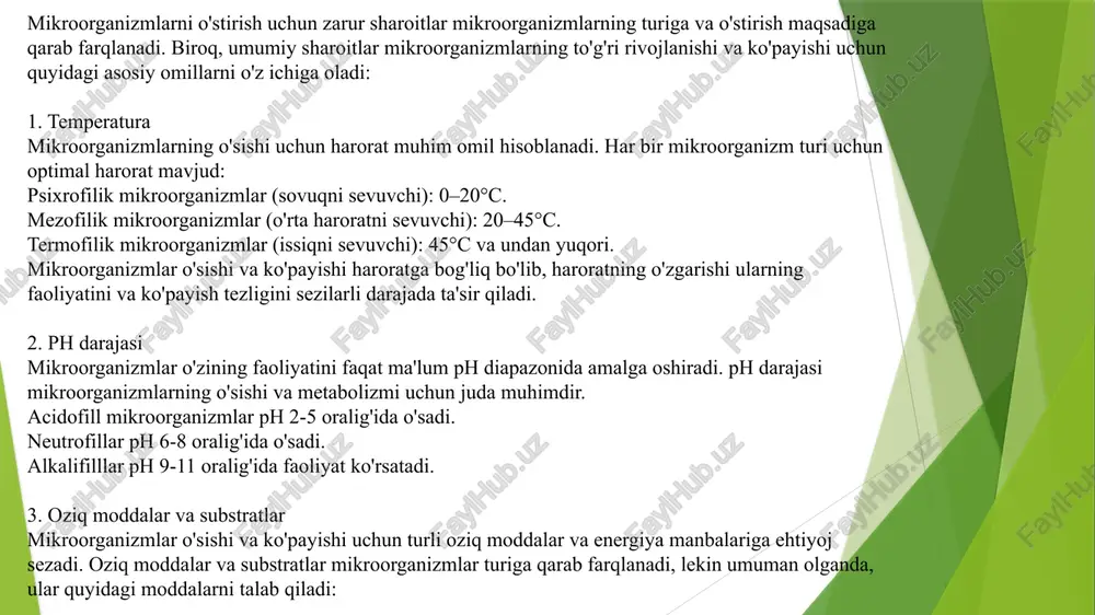 hun ishlatiladi. misollar: nutrient broth: oddiy o'stirish uchun eng keng tarqalgan suyuqlik muhit. oziq moddalari sifatida pepton va xloridlar o'z ichiga oladi. sabouraud broth: qo'ziqorinlar uchun o'stirish muhitidir. miller hinton broth: antibiotiklar testlari uchun ishlatiladi. 2. qattiq o'stirish muhitlari (agar) tavsif: agar (agar-agar) o'stirish muhitlari, odatda, suyuq muhitga agar yoki boshqa jel moddalari qo'shilib, qattiq holatga keltiriladi. bu muhit mikroorganizmlarning ajratilishi va koloniyalarining shakllanishi uchun qulaydir. foydalanish: agar muhitlari mikroorganizmlarni ajratish va ularning koloniyalarini kuzatish uchun ishlatiladi. bunday muhitlar mikroorganizmlarning xilma-xilligini aniqlashda va ularning morfologik xususiyatlarini o'rganishda foydalidir. . 3. selektsiyali o'stirish muhitlari tavsif: bu muhitlar faqat ma'lum bir turdagi mikroorganizmlarni o'stirish uchun maxsus ishlab chiqilgan. ular o'sish sharoitlarini mikroorganizmlarning ba'zi turlariga moslashtiradi. foydalanish: selektsiyali o'stirish muhitlari mikrobial populyatsiyalarning alohida turlarini ajratib olish va ularni ko'paytirish uchun ishlatiladi. misollar: macconkey agar: gram-manfiy bakteriyalarni ajratish va laxtalanish (fermentatsiya) xususiyatlarini o'rganish uchun ishlatiladi. mannitol salt agar: staphylococcus turlarini ajratishda ishlatiladi, chunki bu …
