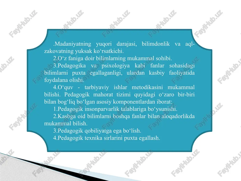 va jamiyat boshqaruvini uyg‘unlashtirish. ushbu prinsiplar zamirida o‘qituvchi pedagogi k faoliyatining asosiy mohiyati mujassamlangan bo‘lib, uni hayotga tatbiq etish o‘qituvchilar zimmasiga yuklatilgan. o‘qituvchi yuqori malakali kadrlar tayyorlash sifatini ta’minlovchi asosiy javobgar shaxs ekan, uning pedagogik mahorati ham hozirgi zamon talablari darajasida, jahon andozalariga mos ravishda shakllanishi kerak. "pedagogik mahorat" fanining vazifalarini "ta’lim to‘g‘risida"gi qonun talablari belgilab beradi. /docprops/thumbnail.jpeg