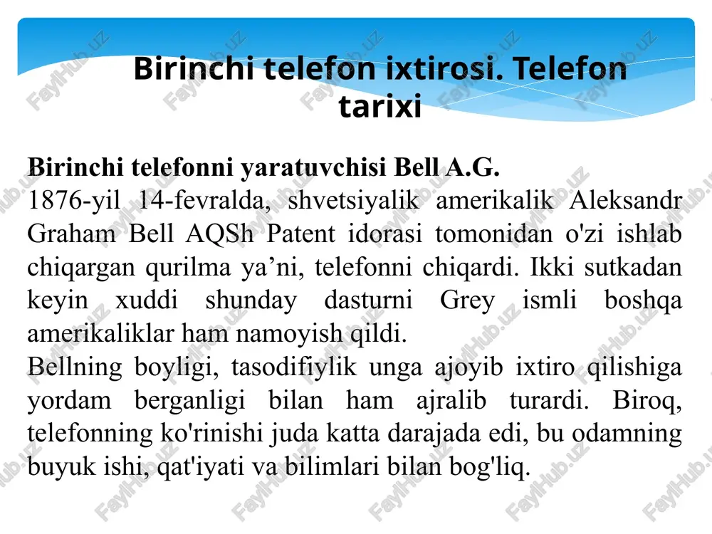 a olib yurishga hojat qolmadi. biroq mobil qurilmalar ba’zi maxsus qoʻshimchalarsiz – mobil ilovalarsiz bunchalik foydasi katta boʻlmas edi. ta’lim sohasida mobil ilovalarning qadri oʻsib bormoqda bunga sabab esa u beradigan quyidagi qulayliklar: dars paytida yoki darsdan tashqari paytda topshiriq ustida ishlayotgan oʻquvchilarning hamkorlikdagi ishi; fayllar almashish; masofaviy ta’lim tashkiloti va ota-onalarning oʻzaro harakati. bu mobil ilovalarni qoʻllashning bir necha aspekti xolos! keling “mobil ta’lim” tushunchasiga bafurcha toʻxtalamiz. mobil aloqa xizmati operatorlari mobil aloqa xizmati operatorlari – abonentlar (mijozlar) uchun mobil aloqa xizmatlarini taklif qiluvchi tashkilotdir. operatorlar vazifasiga radio chastotadan foydalanish va xizmat ko‘rsatish uchun kerakli hujjatlarni olish, o‘zining mobil tarmog’ini tashkil qilish, foydalanish, xizmat shartlarini ishlab chiqarish, xizmat to‘lovlarini yig’ish va texnik xizmat ko‘rsatish kiradi. hozirgi paytda o‘zbekiston hududida 5 ta mobil aloqa operatori xizmat ko‘rsatmoqda, bular “uzdunrobita” mchj hk – mts, ums. “yunitel” mchj hk - bilayn, “koskom” mchj – ucell, “rubicon wireless comunication” mchj – “perfektum mobayl”, …
