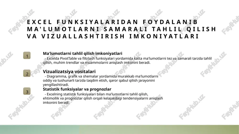 lar va hisobotlar yaratish. toshkent davlat universiteti nashriyoti. 5. islomov, m. (2022). murakkab hisobotlar uchun excel formulalari va ularni qo‘llash. o‘zbekiston raqamli texnologiyalar markazi. e'tiboringiz uchun rahmat! /docprops/thumbnail.jpeg