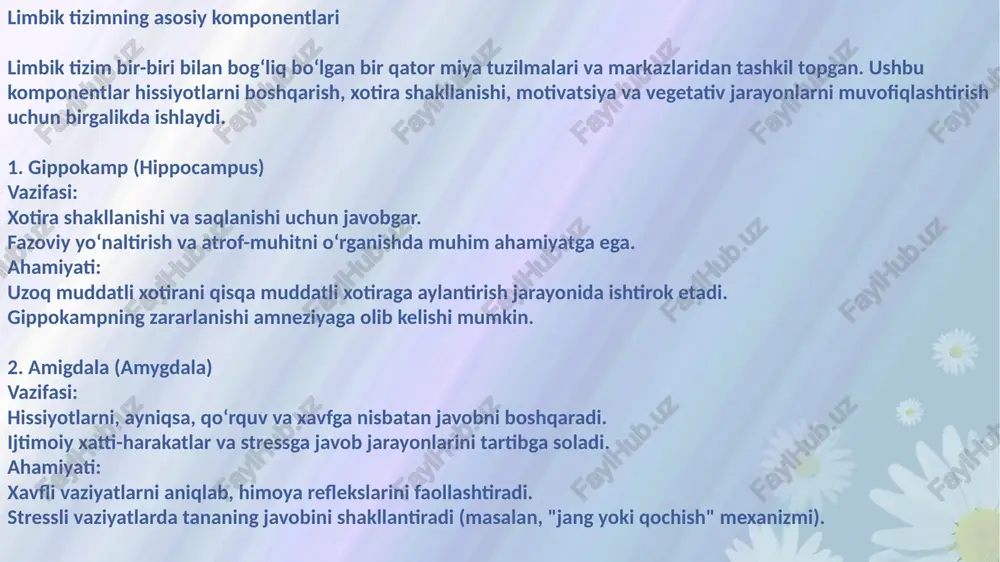 ayvonlar va insonlarda o‘z-o‘zini saqlash instinktlarini boshqaradi. bu instinktlar jumlasiga ovqatlanish, ichish, jinsiy faoliyat va xavfdan qochish kiradi. ushbu jarayonlarda mukofot tizimi va motivatsiya mexanizmlari ishtirok etadi. 8. kognitiv jarayonlarga ta'siri limbik tizim qaror qabul qilish va diqqatni boshqarishda ishtirok etadi. kognitiv jarayonlar bilan hissiyotlar o‘rtasida muvofiqlikni ta'minlaydi. hissiyotlarni tartibga solib, mantiqiy fikrlash va strategik rejalarni amalga oshirishga yordam beradi. limbik tizim insonning hissiy, kognitiv va vegetativ faoliyatlarining asosiy tartibga soluvchisidir. uning buzilishi turli ruhiy va nevrologik kasalliklarga, masalan, xavotir, depressiya, altsgeymer kasalligi yoki stressga qarshi noto‘g‘ri javoblarga olib kelishi mumkin. limbik tizimning to‘g‘ri ishlashi insonning umumiy sog‘lom holatiga va hayot sifatiga bevosita ta'sir qiladi. limbik tizimning boshqa miya tuzilmalari bilan aloqasi limbik tizim markaziy asab tizimining bir qismi bo‘lib, hissiy, xotira va vegetativ funksiyalarni boshqarish uchun boshqa miya tuzilmalari bilan doimiy o‘zaro aloqada bo‘ladi. ushbu aloqalar limbik tizimning hissiy holatlarni boshqarish, o‘rganish va xotira shakllantirish, shuningdek, organizmning ichki muhitini …