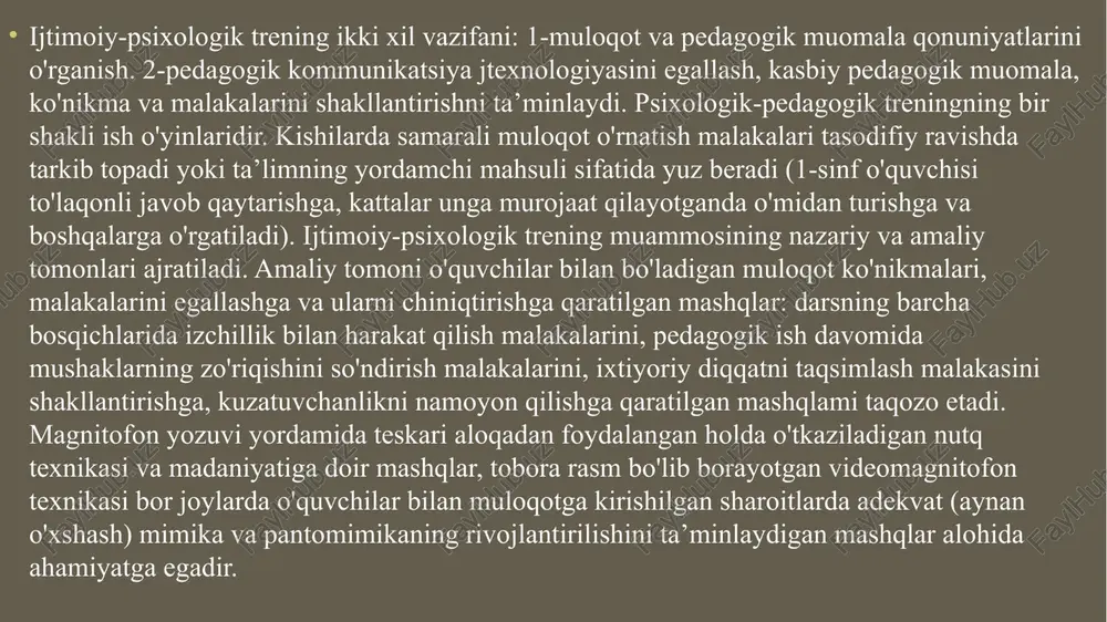 amerada sizning ashaddiy dushmaningiz qamalganini eshitib qoldingiz, u bilan o'zaro taqillatishni boshlaysizmi? a) darhol; b) yolg'izlikka toqat qilmagan paytingizda; d) hech qachon. 21. yangi yilni ko'pchilik davrasida, masalan, shahar bosh maydonida kutib olish odatingiz yoki xohishingiz bormi? a) ha; b) yo‘q; d) odatda yangi yilni bir o‘zim kutib olaman yoki uxlayman. 1-jadvalda so'rovnomada keltirilgan savollarga javob kaliti keltirilgan. undan muloqotmandlik xususiyatingiz qay darajada rivojlanganligini bilib olasiz. 233—310 ball to‘plagan bo'lsangiz, u holda sizda «muloqotmandlik» kuchli rivojlangan. 78—232 ball to‘plagan bo'lsangiz, u holda sizda bu xususiyat o‘rtacha rivojlangan. 0—77 ball to‘plagan bo'lsangiz «muloqotmandlik» xususiyati past rivojlangan. /docprops/thumbnail.jpeg
