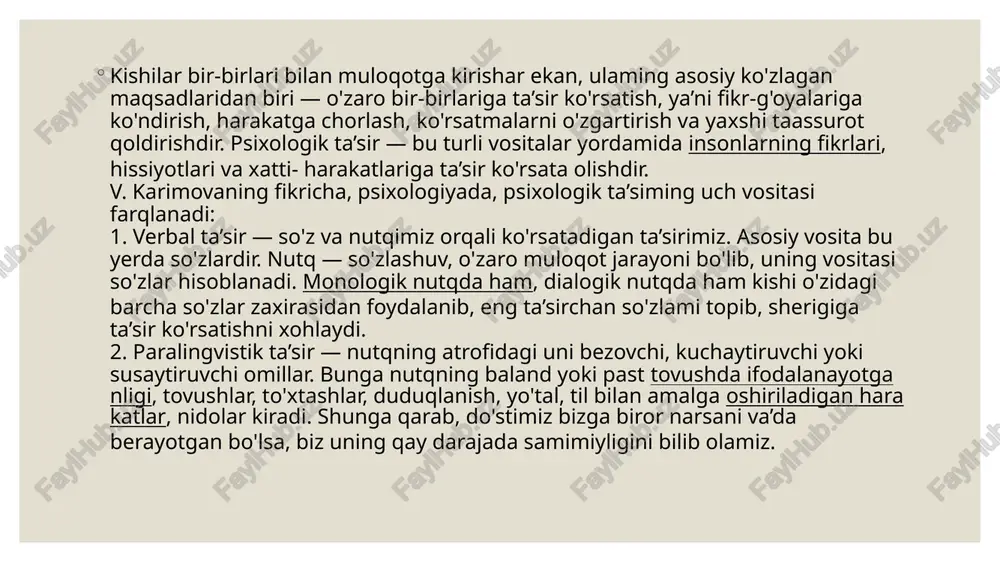 atan iliqlikni uyg'otadi, u bilan bo'lgan muloqot unutilmas darajaga yetadi mutaxassislarning aniqlashlaricha, ishlayotgan kishilar vaqtining 45%ini kimlarnidir tinglashga sarf qilar ekan, odamlar bilan doimiy muloqotda bo‘ladiganlar — savdo xodimlari, aloqachilar, rahbarlar, muxbirlar 35—40% oylik maoshlarini odamlarni tinglaganliklari uchun olarkanlar. demak kommunikatsiyaning eng qiyin sohalaridan hisoblangan tinglash qobiliyati odamga ko'proq foyda keltirarkan. tinglashning ham xuddi gapirishga o‘xshash texnikasi, usullari mavjud. ularning turi ham ko‘p, lekin biz ikki usulini qo'llaymiz: so'zma-so'z qaytarish va boshqacha talqin etish. birinchisi, suhbatdoshni qo'llab-quwatlashni bildiradi. ikkinchi usul — sherikning so'zlarini tinglab, undagi asosiy g'oyani qisqa, o'zimizning talqinimizda ifoda etish. bundan tashqari biz yaxshi tinglayotganimizda , «yo‘g‘-e?», «nahotki?», «qara-ya?», «yasha!», «qoyil!» luqmalari bilan suhbatdoshimizni gapirishga chaqirib turamiz. muloqotga o'rgatishning muhim yo'nalishlaridan biri — odamlarni faol tinglashga, bunda barcha paralingvistik va noverbal omillardan o'rinli foydalanishga o'rgatishdir. professor v. karimovaning fikricha, professional tinglash texnikasiga quyidagilar kiradi: — faol holat. bu — tinglayotganda yotib olmaslik, suhbatdoshning yuzidan tashqari joylariga qaramaslik, mimika, …