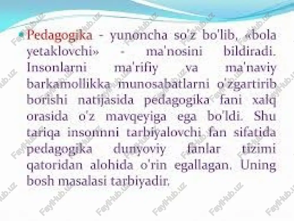rish, maqsadga muvofiq olib borish, taʼlim beriladigan vaqtni oʻquv yili, choraklar hamda oʻqish kunlariga ajratish yoʻllarini koʻrsatdi. taʼtillar va ularning davomiyligi, kundalik va yillik oʻquv soatlari miqdorini belgilab berdi. uning pedagogik qarashlari hozirgi kunda ham oʻz ahamiyatini yoʻqotgan emas. maktablarini izlash birinchi navbatda sinf – dars tizimini modernizatsiyalashtirish fikri bilan bog‘liq bo‘lgan. izlanishlarning asosiy masalasi – o‘qishni individuallashtirishdan iborat edi. birinchi universitetlar paydo bo‘lishi bilan ta’limning maruza – seminar shakli yuzaga kela boshlaydi. u yaratilgan paytdan beri mazkur tizim deyarli o‘zgarmagan. ma’ruza, seminar va labaratoriya ishlari, konsultatsiya va tanlagan kasbi bo‘yicha amaliyot hozirgacha ma’ruza – seminar tizim sifatida o‘qishning asosiy shakllaridan biri bo‘lib kelmoqda. maruza – seminar tizimi o‘zining sof ko‘rinishida oliy va oliy maktabdan keyingi ta’lim amaliyotida qo‘llaniladi. didaktikaning vazifalari quyidagilardan iborat: - ta’lim jarayonlari va ularni amalga oshirish shartlarini ta’riflash va tushuntirish ta’lim jarayonini yanada mukammak tashkil etish ya’ni ta’lim tizimi va texnalogiyalarini ishlab chiqiah - ta’lim jarayoni …
